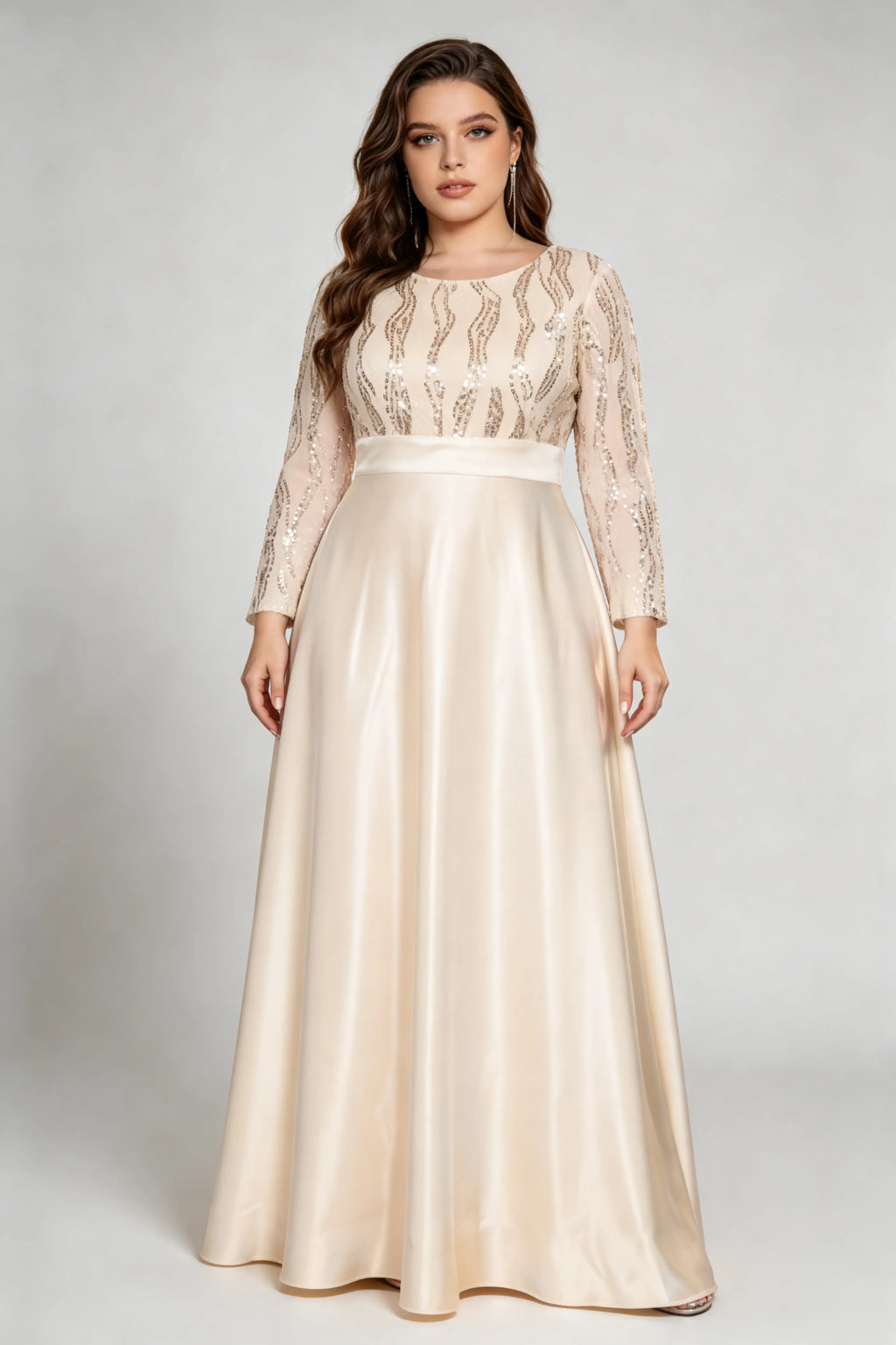 Plus Size Beige Elegant Sequin-Embellished Satin Gown with Illusion Sleeves