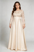 Plus Size Beige Elegant Sequin-Embellished Satin Gown with Illusion Sleeves