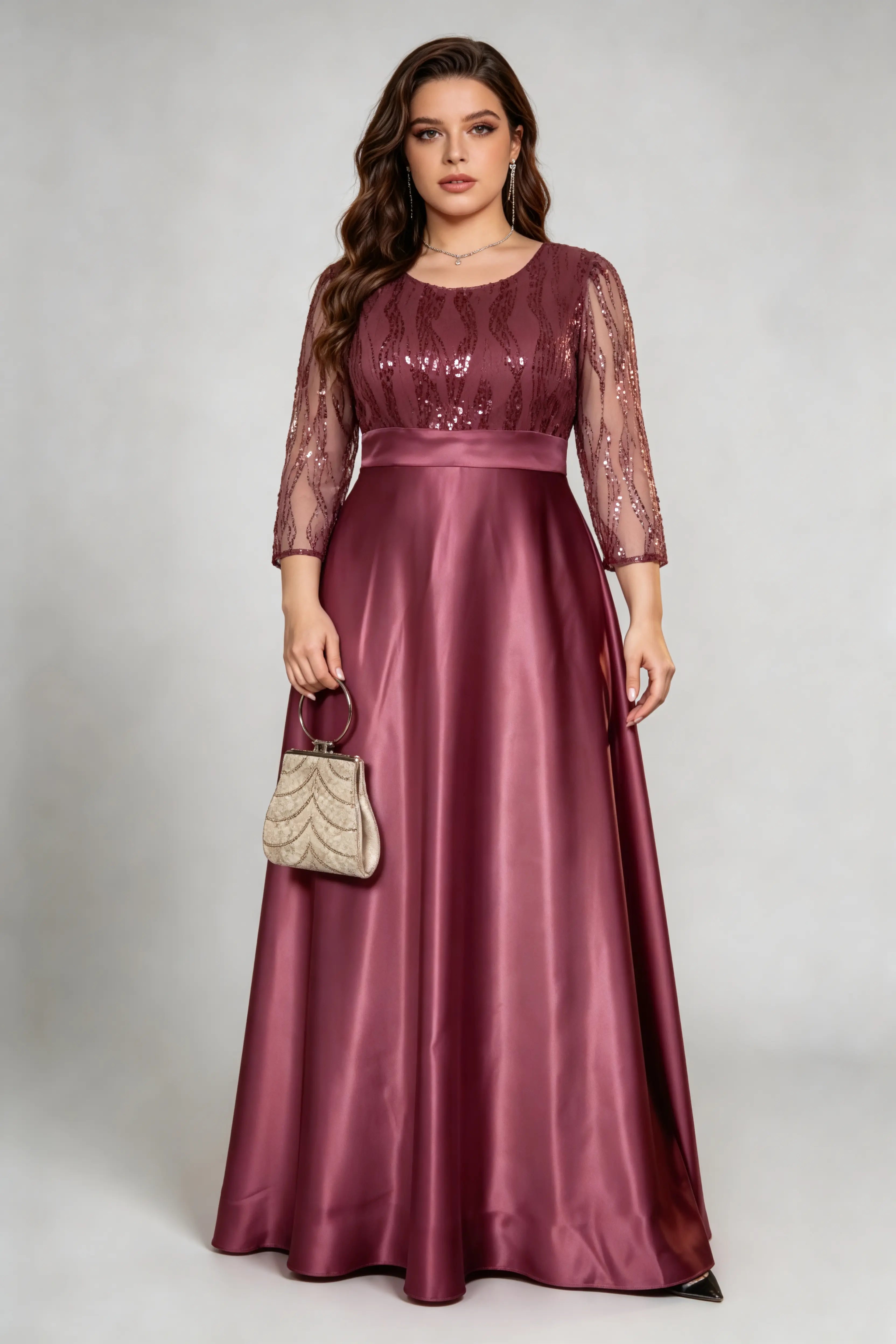 Plus Size Burgundy Elegant Sequin-Embellished Satin Gown with Illusion Sleeves