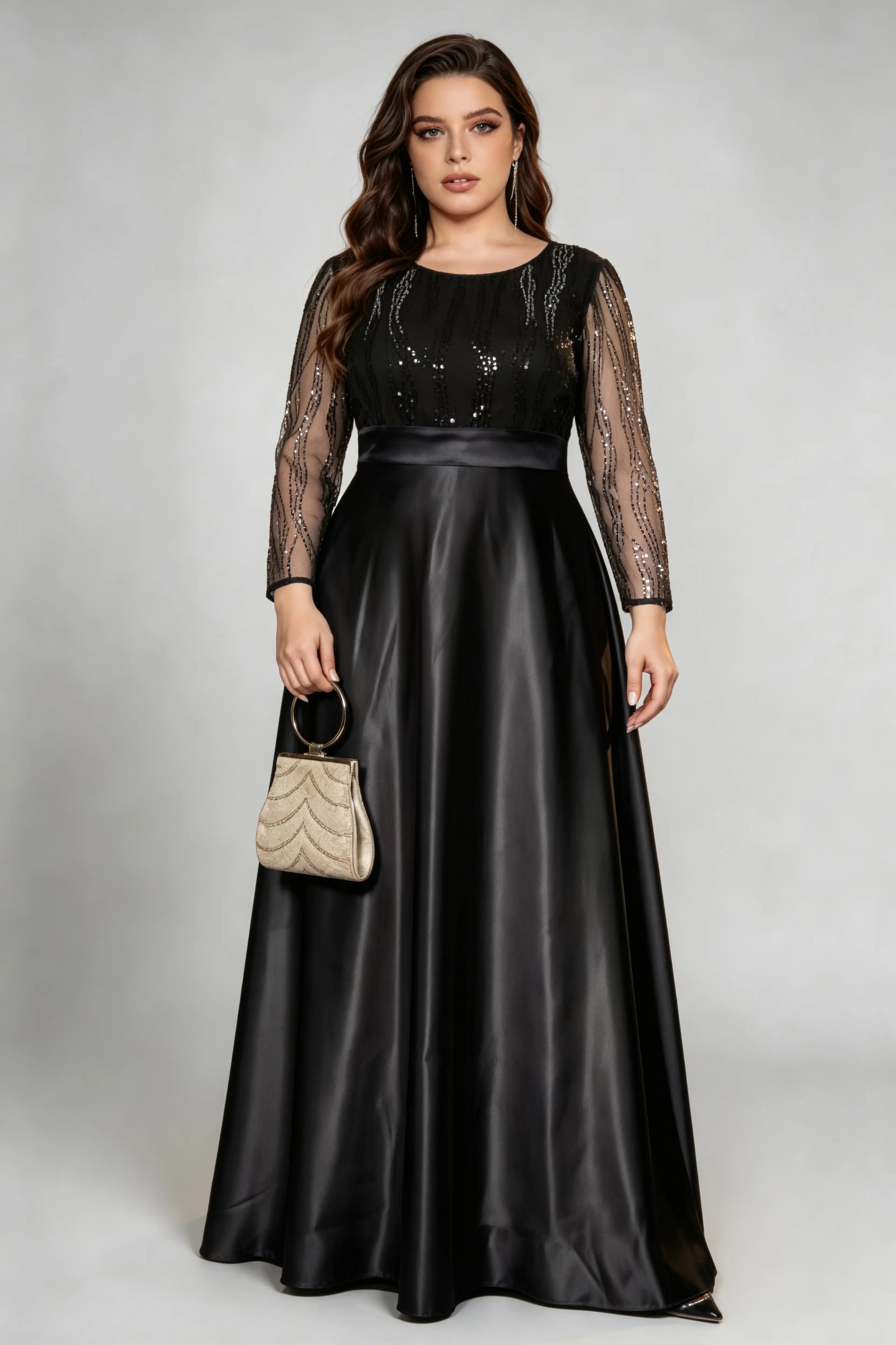 Plus Size Black Elegant Sequin-Embellished Satin Gown with Illusion Sleeves