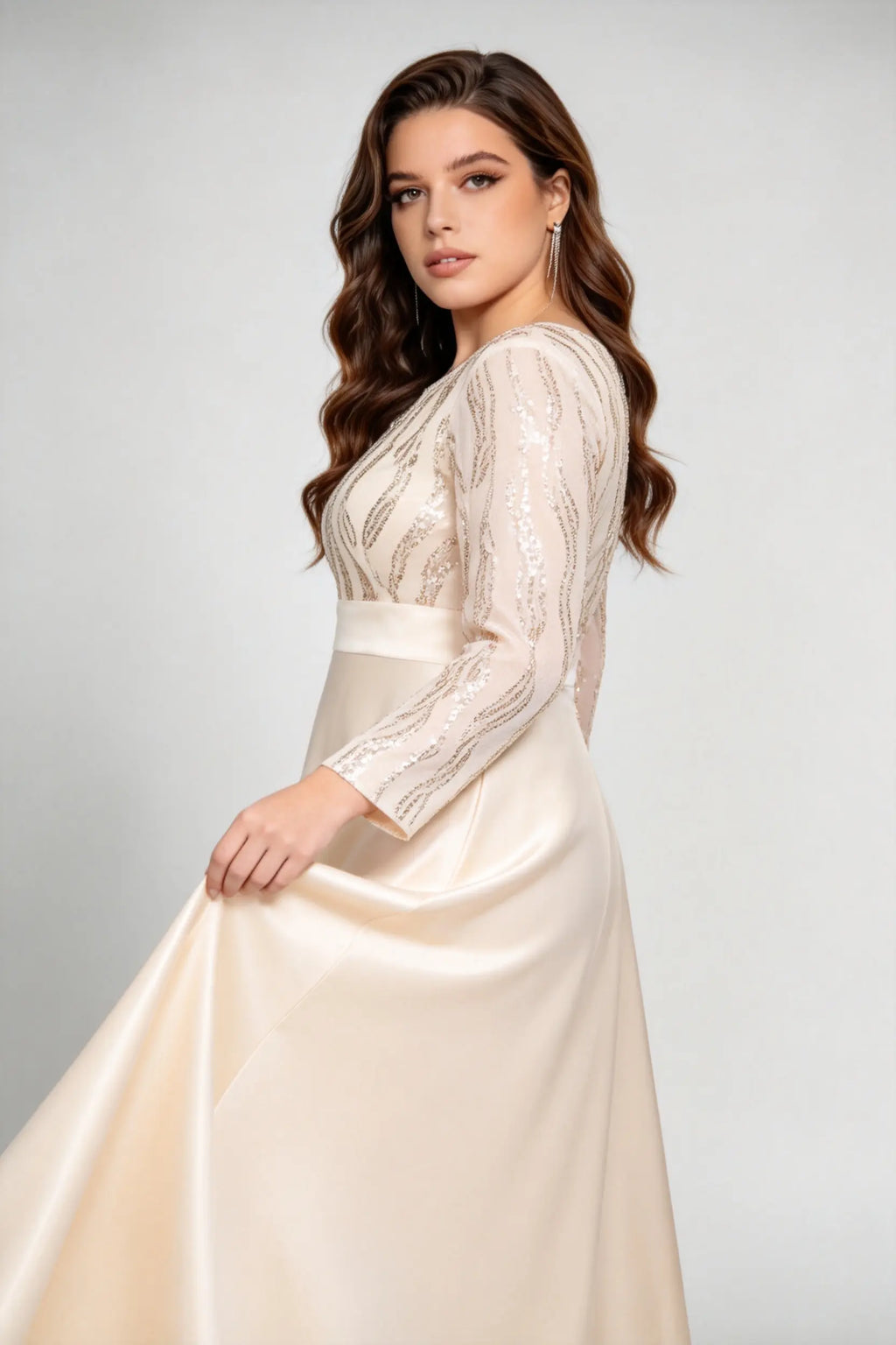 Plus Size Beige Elegant Sequin-Embellished Satin Gown with Illusion Sleeves