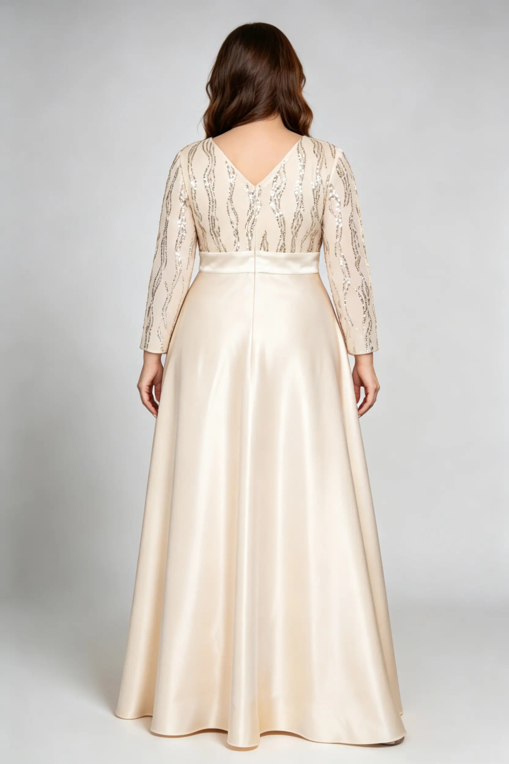 Plus Size Beige Elegant Sequin-Embellished Satin Gown with Illusion Sleeves