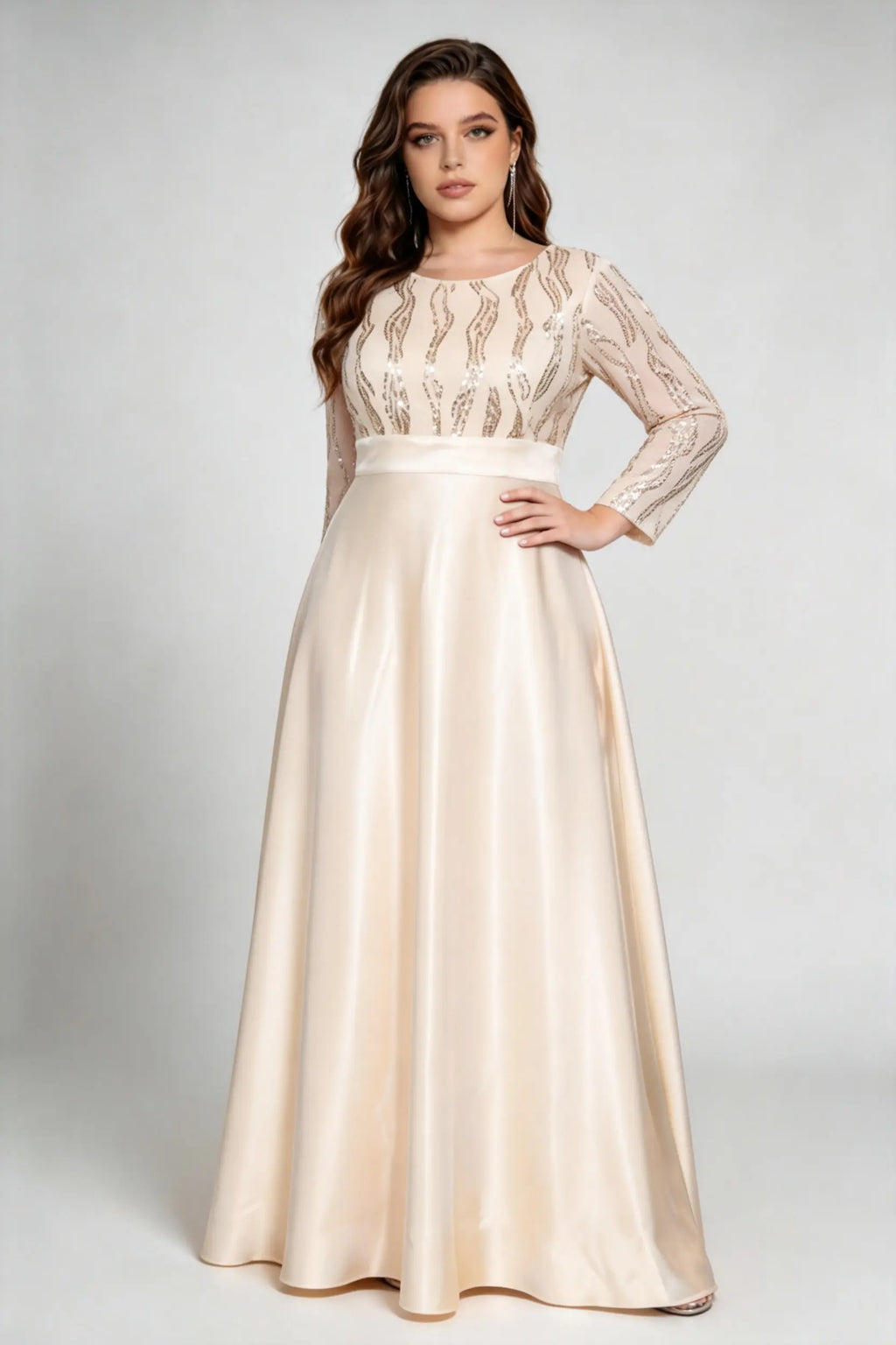 Plus Size Beige Elegant Sequin-Embellished Satin Gown with Illusion Sleeves