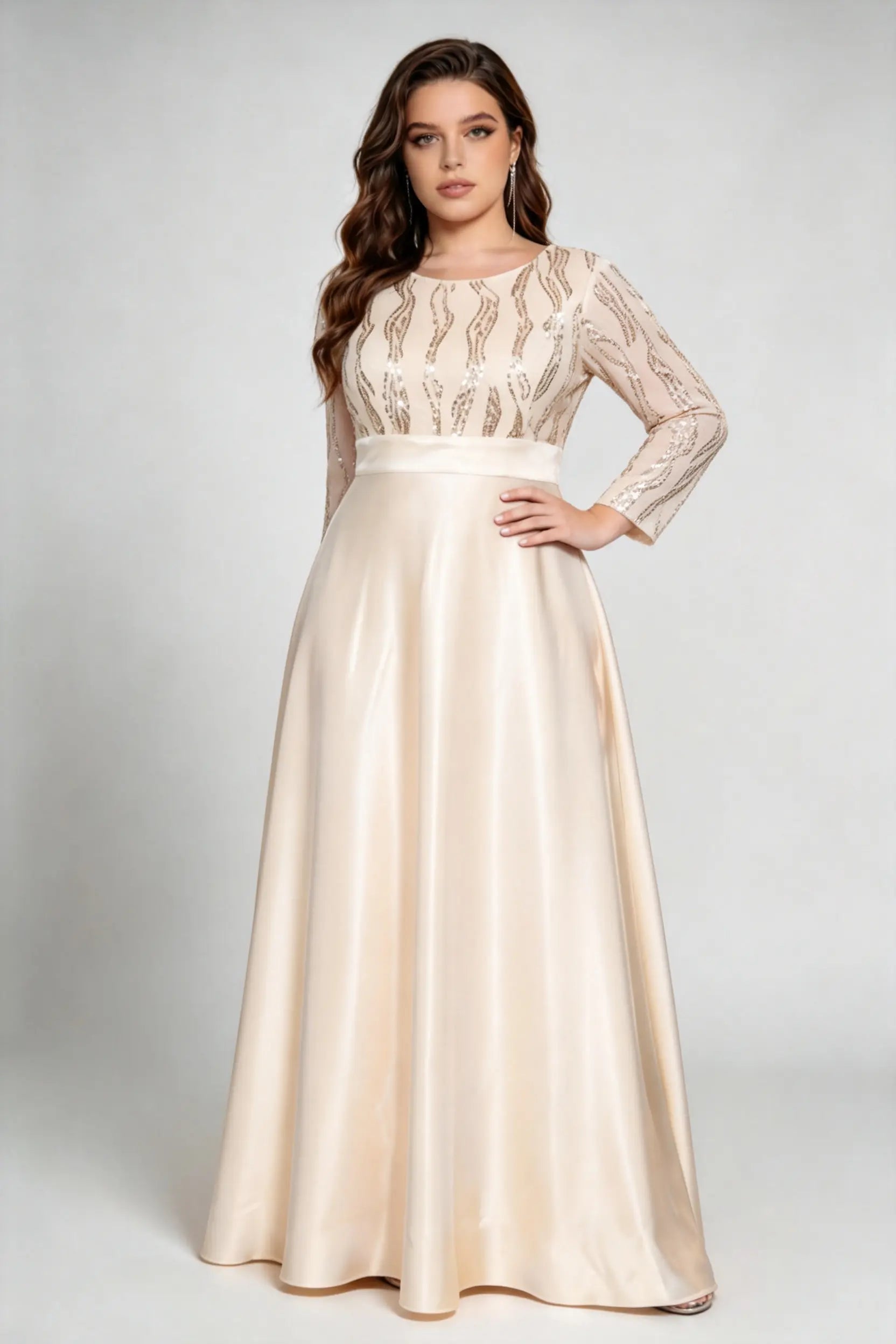 Plus Size Beige Elegant Sequin-Embellished Satin Gown with Illusion Sleeves