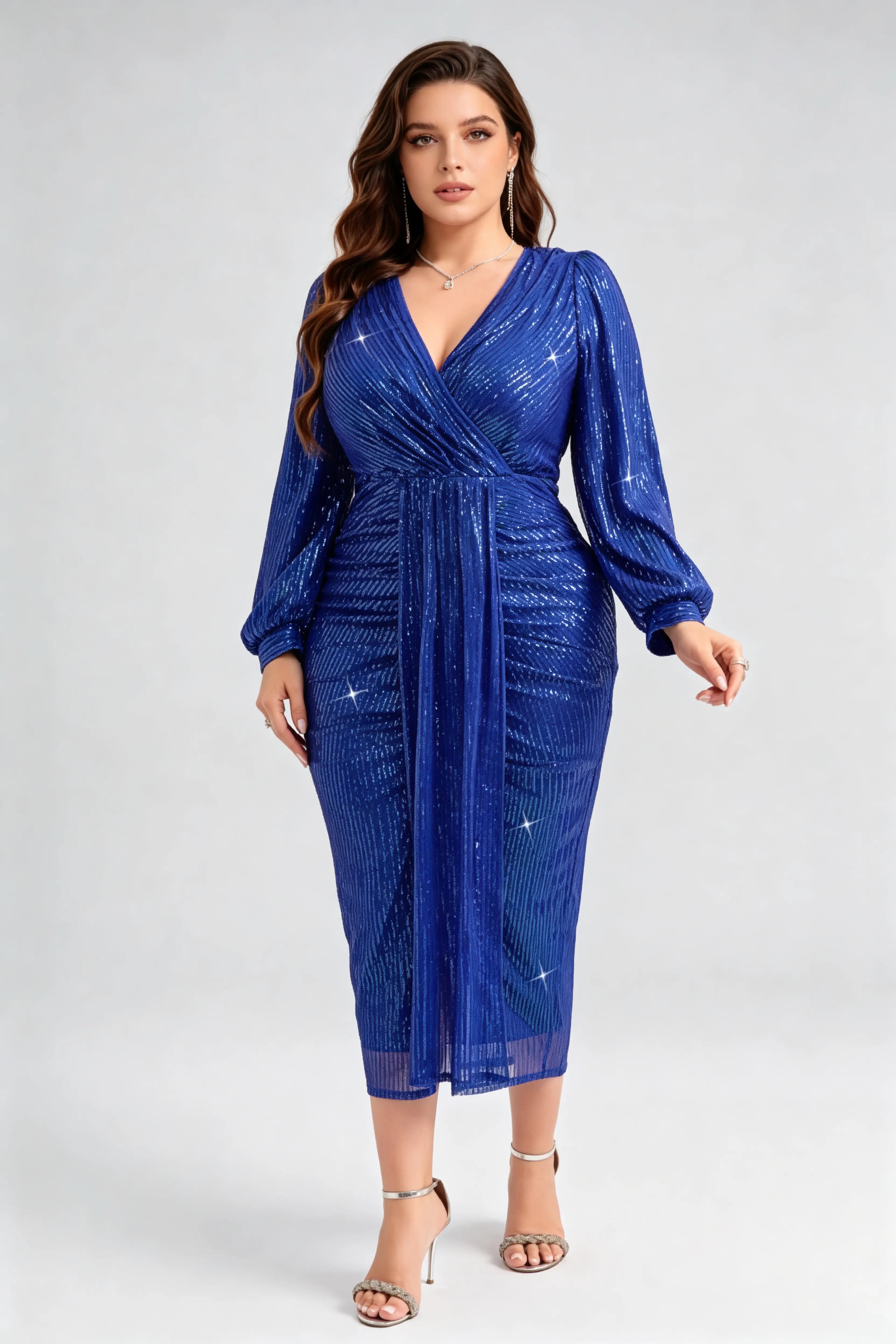 Plus Size Navy Sequin Wrap V-Neck Midi Dress with Long Lantern Sleeves
