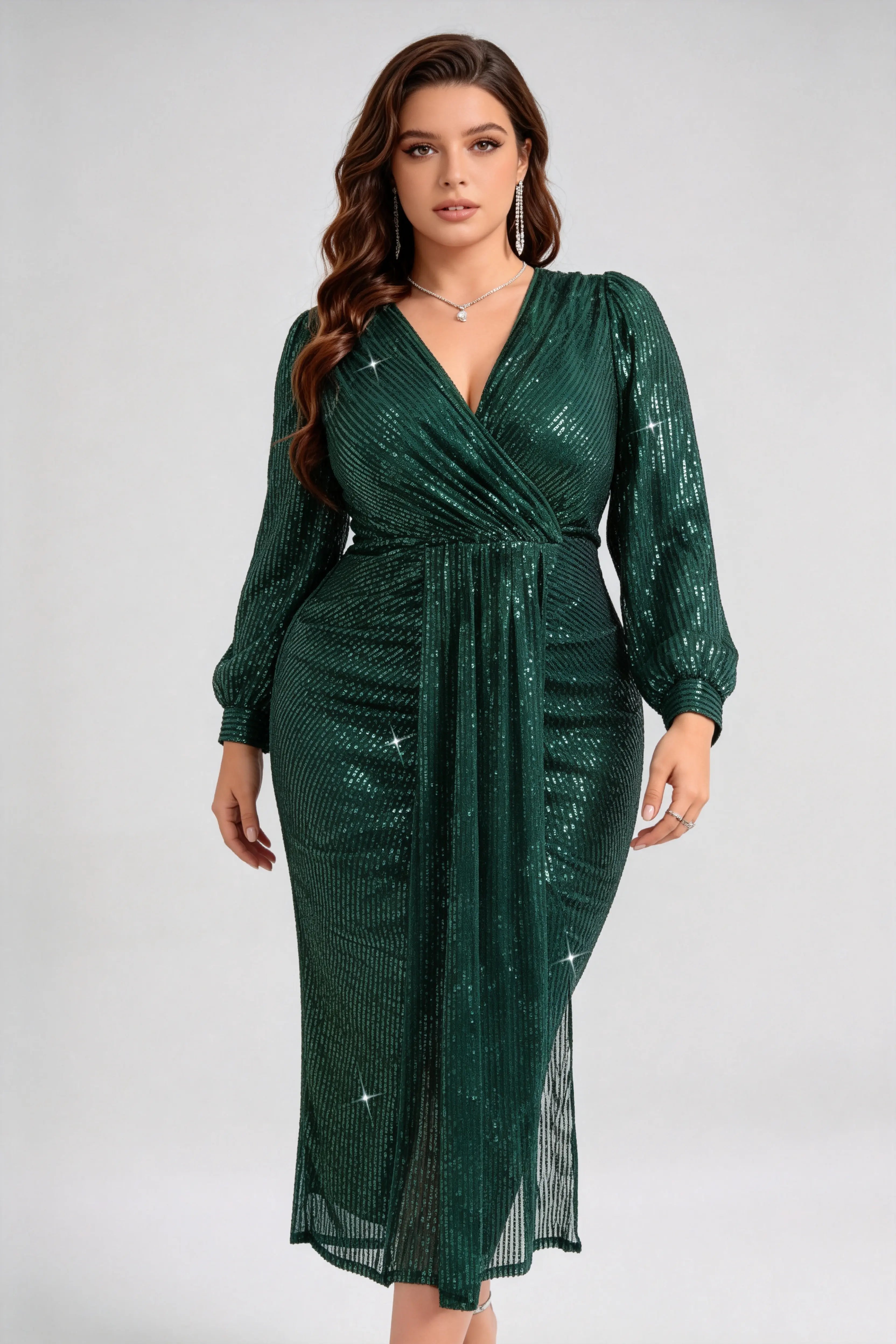 Plus Size Dark Green Sequin Wrap V-Neck Midi Dress with Long Lantern Sleeves