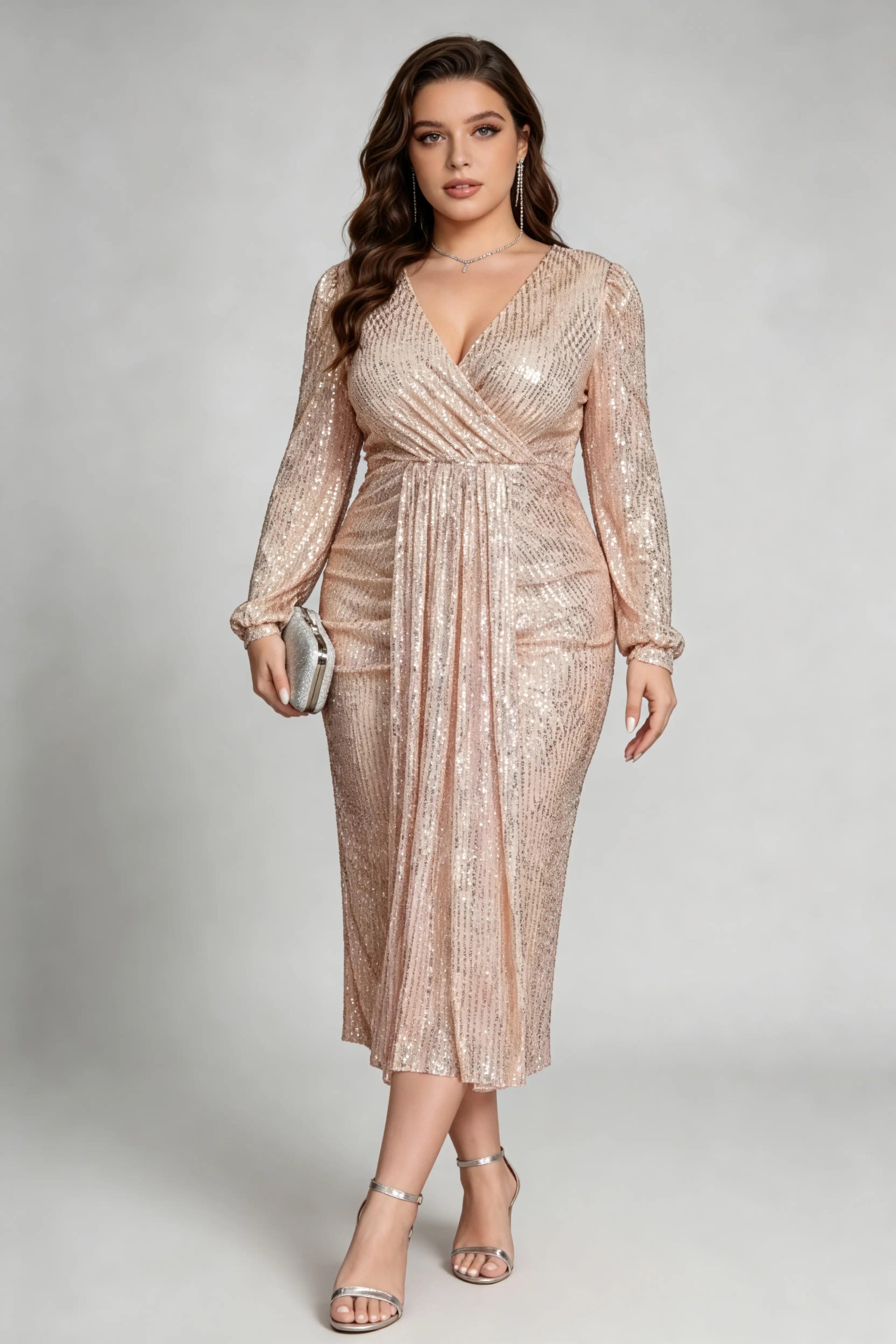 Plus Size Beige Sequin Wrap V-Neck Midi Dress with Long Lantern Sleeves