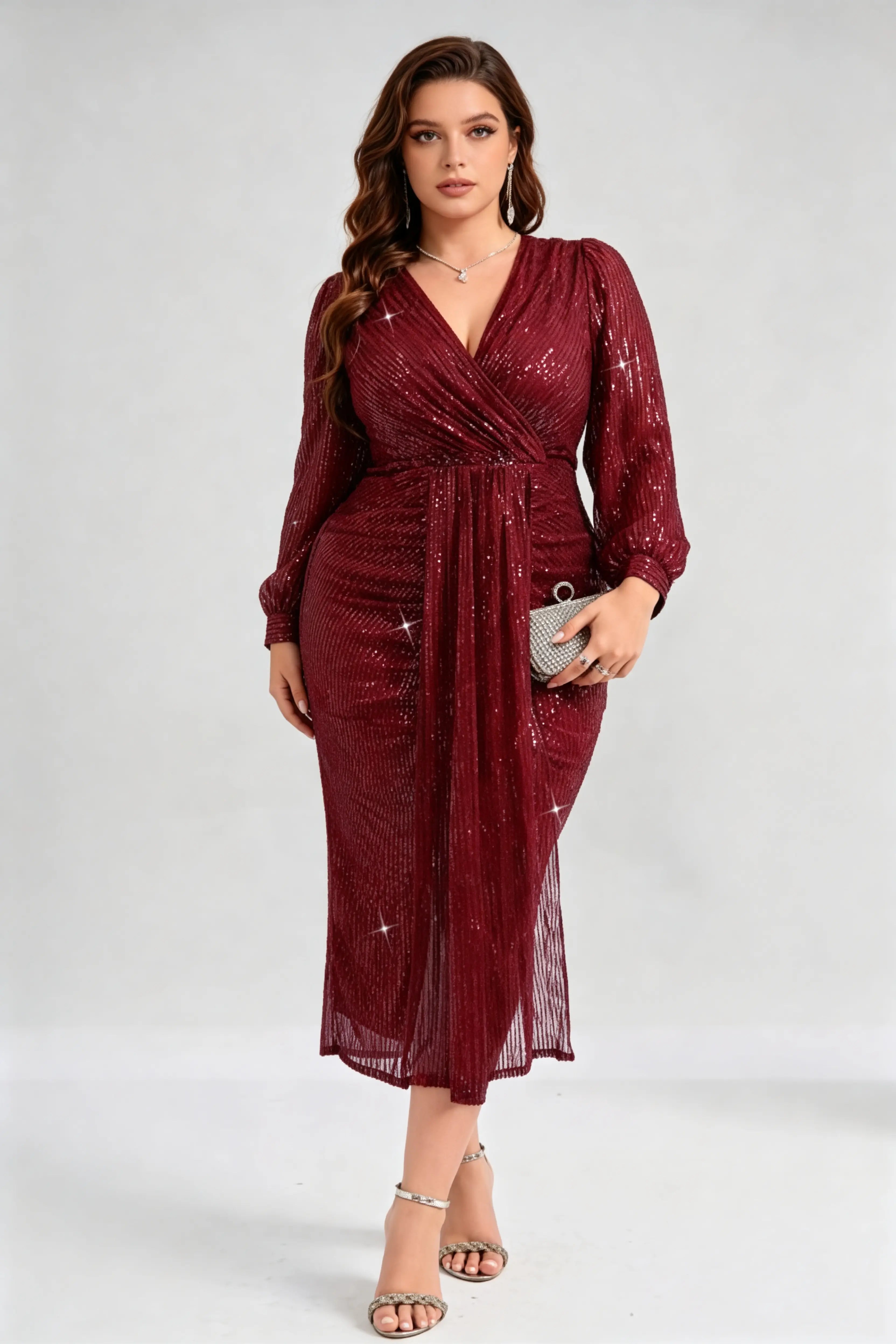 Plus Size Burgundy Sequin Wrap V-Neck Midi Dress with Long Lantern Sleeves