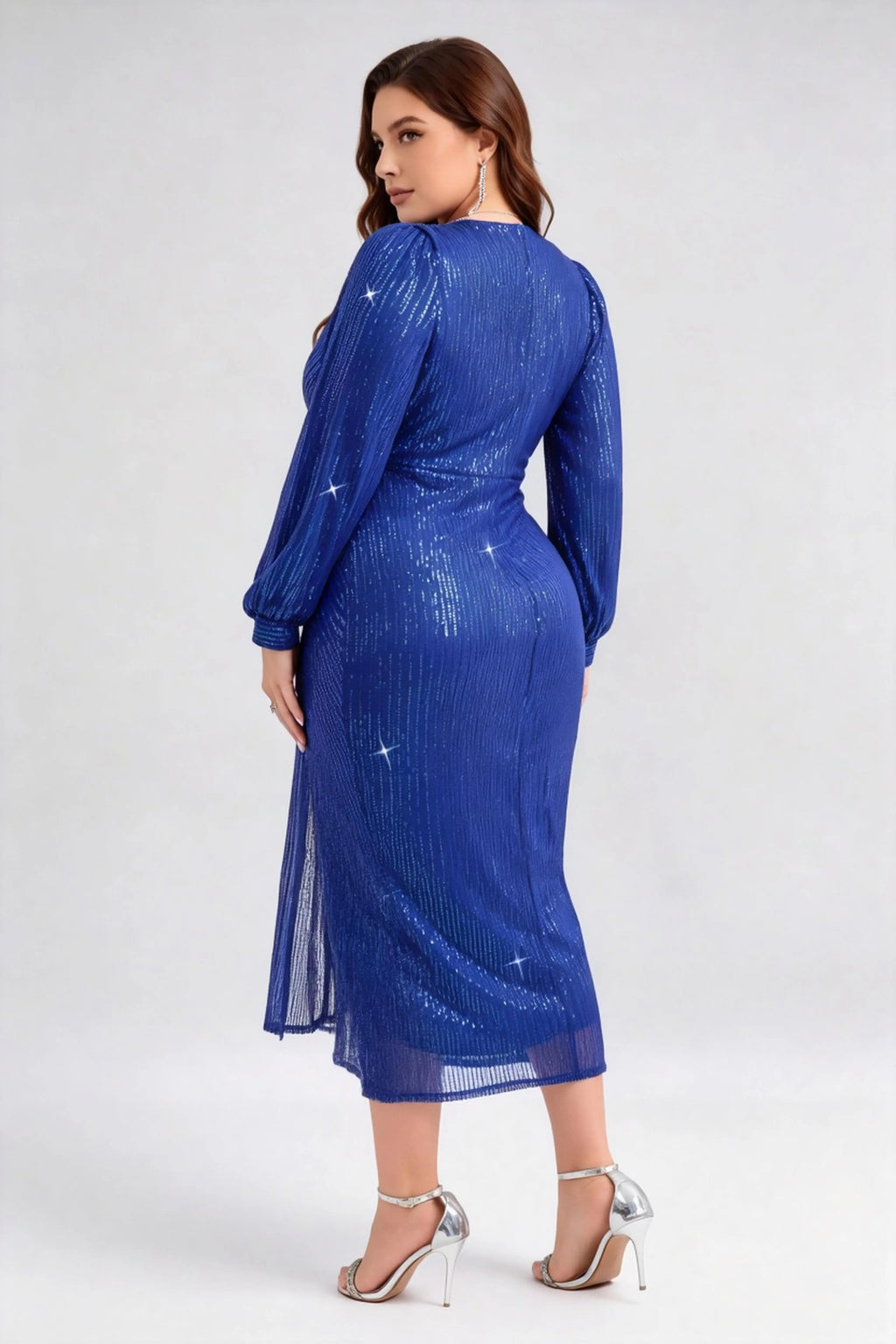 Plus Size Navy Sequin Wrap V-Neck Midi Dress with Long Lantern Sleeves