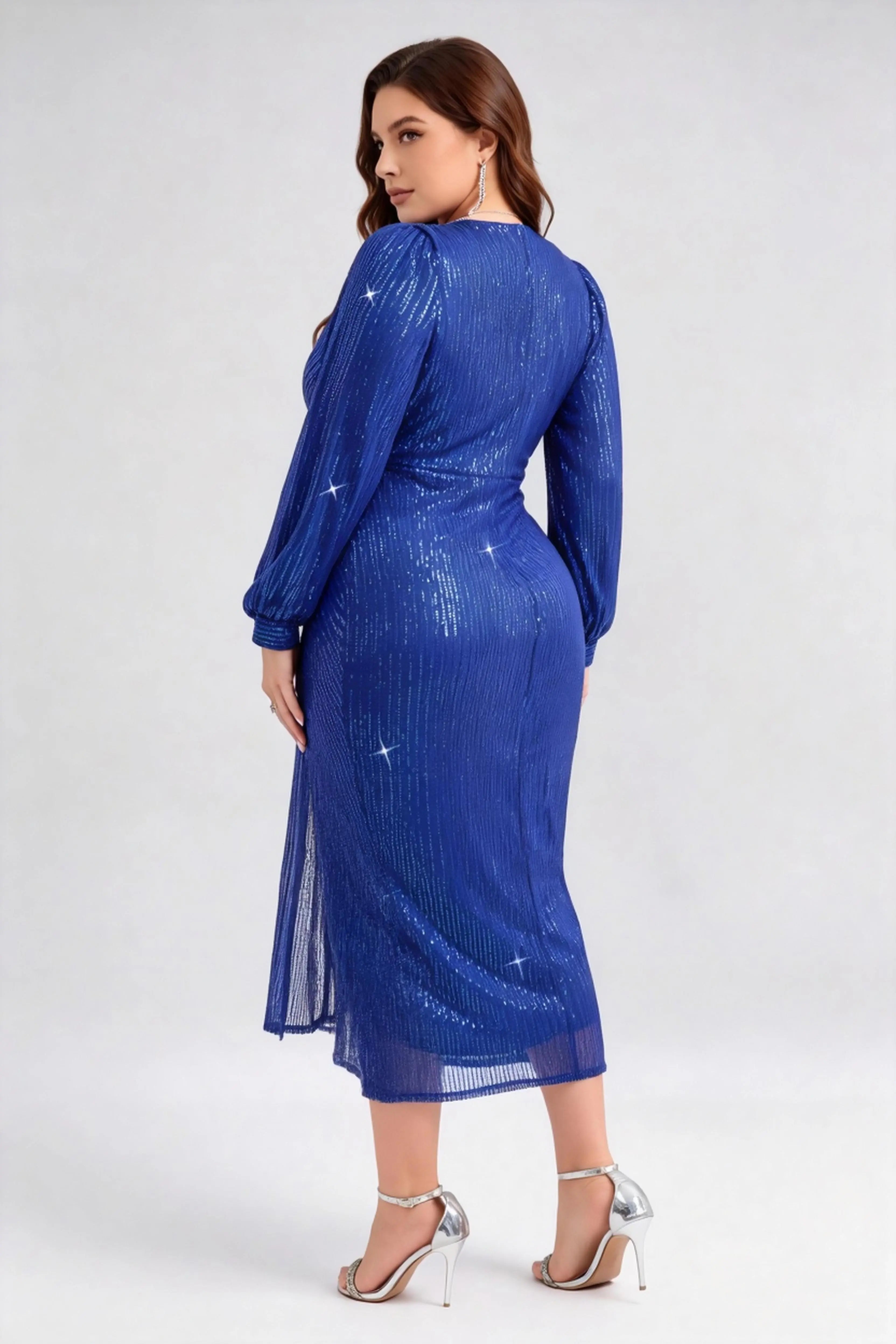 Plus Size Navy Sequin Wrap V-Neck Midi Dress with Long Lantern Sleeves