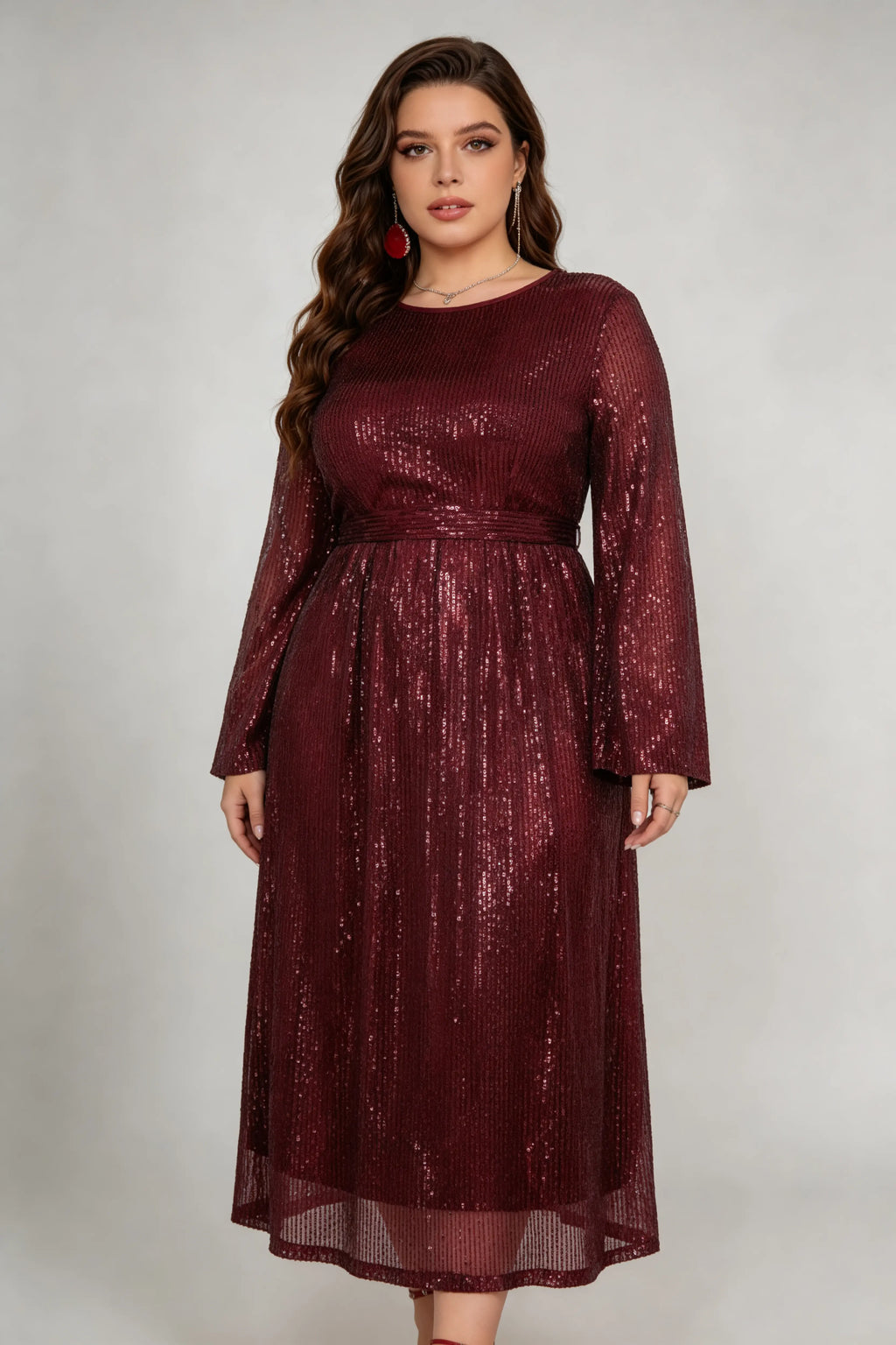 Plus Size Burgundy Sequin A-Line Midi Dress with Bell Sleeves