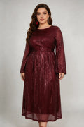 Plus Size Burgundy Sequin A-Line Midi Dress with Bell Sleeves