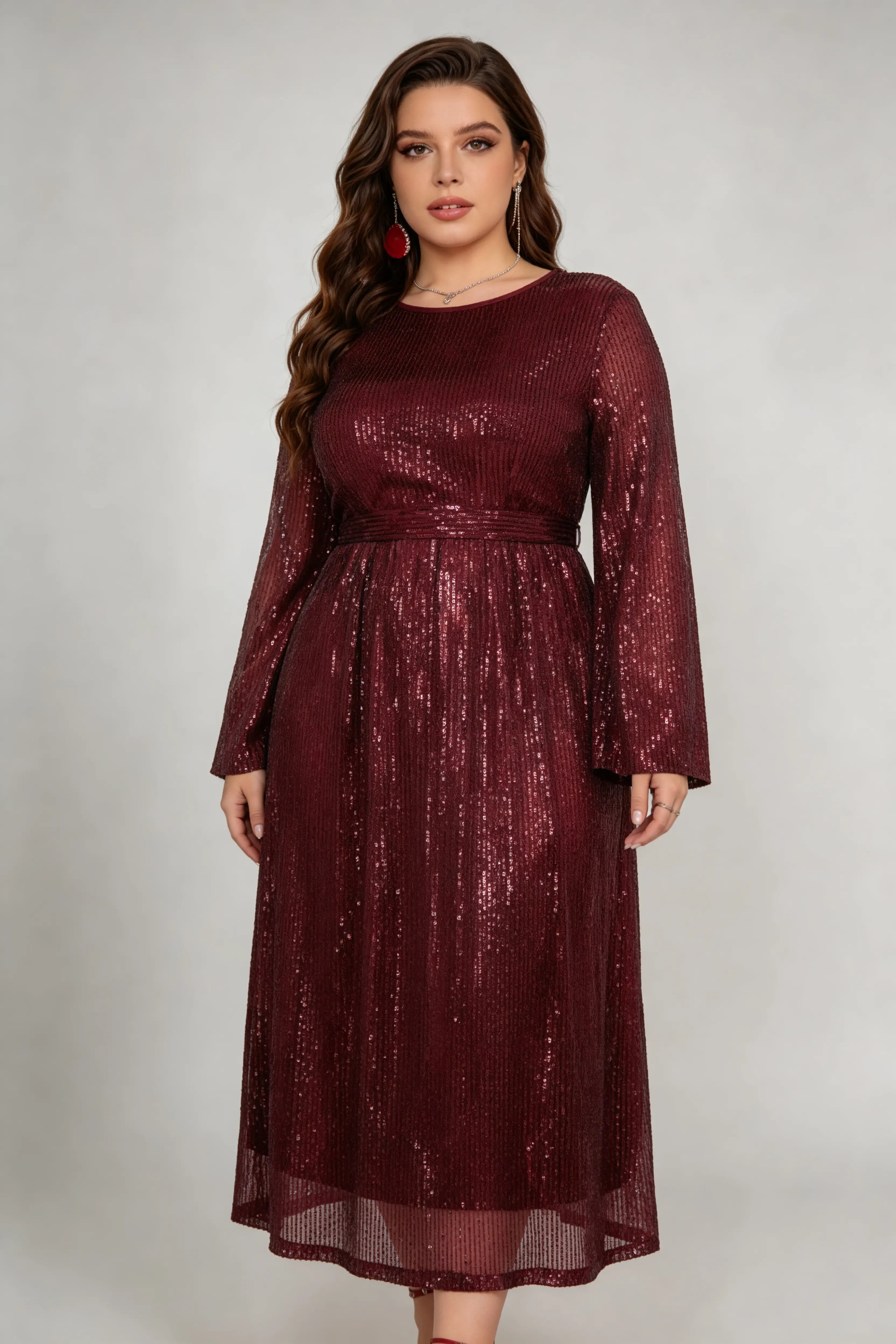 Plus Size Burgundy Sequin A-Line Midi Dress with Bell Sleeves