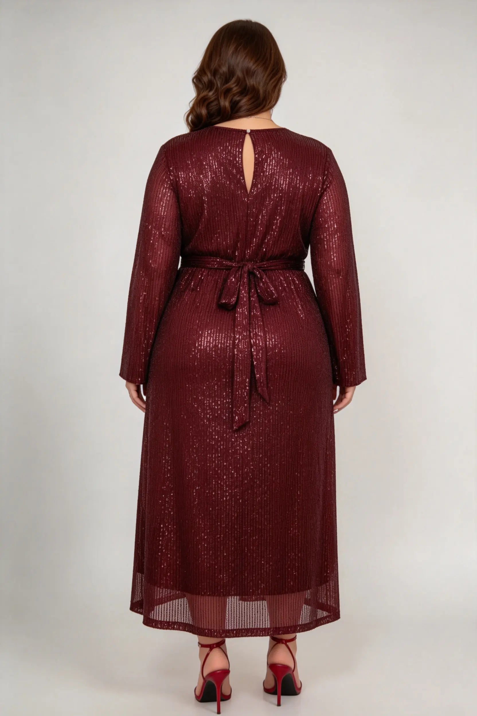 Plus Size Burgundy Sequin A-Line Midi Dress with Bell Sleeves