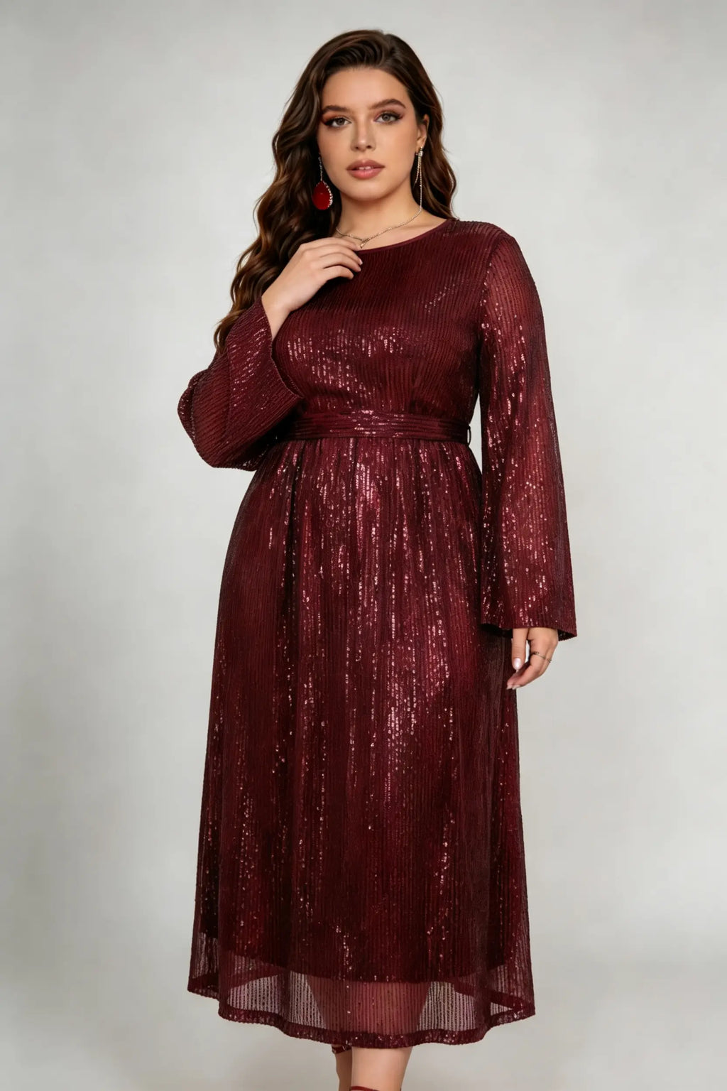 Plus Size Burgundy Sequin A-Line Midi Dress with Bell Sleeves