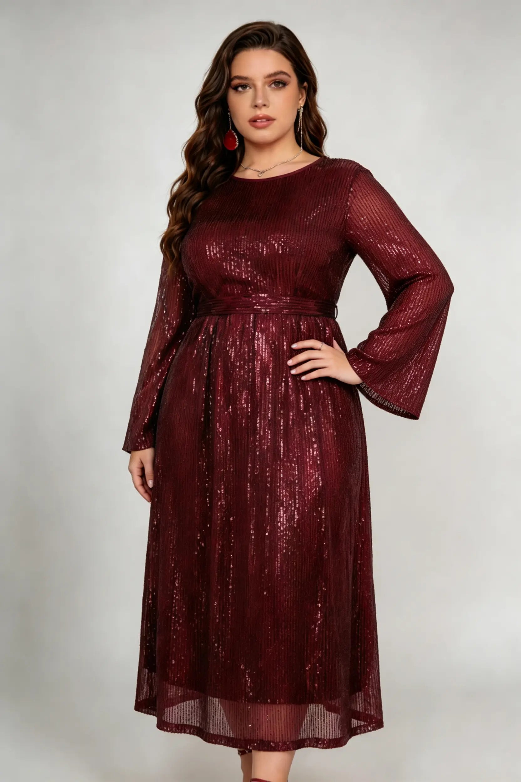 Plus Size Burgundy Sequin A-Line Midi Dress with Bell Sleeves