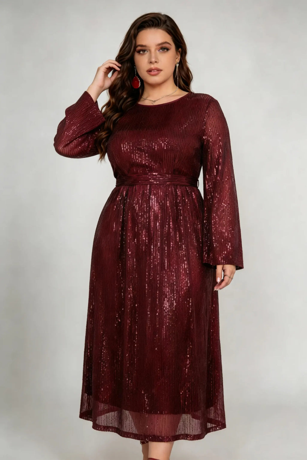 Plus Size Burgundy Sequin A-Line Midi Dress with Bell Sleeves
