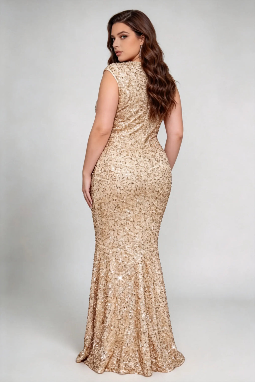 Plus Size Gold Sequin Mermaid Evening Gown - Formal Dress