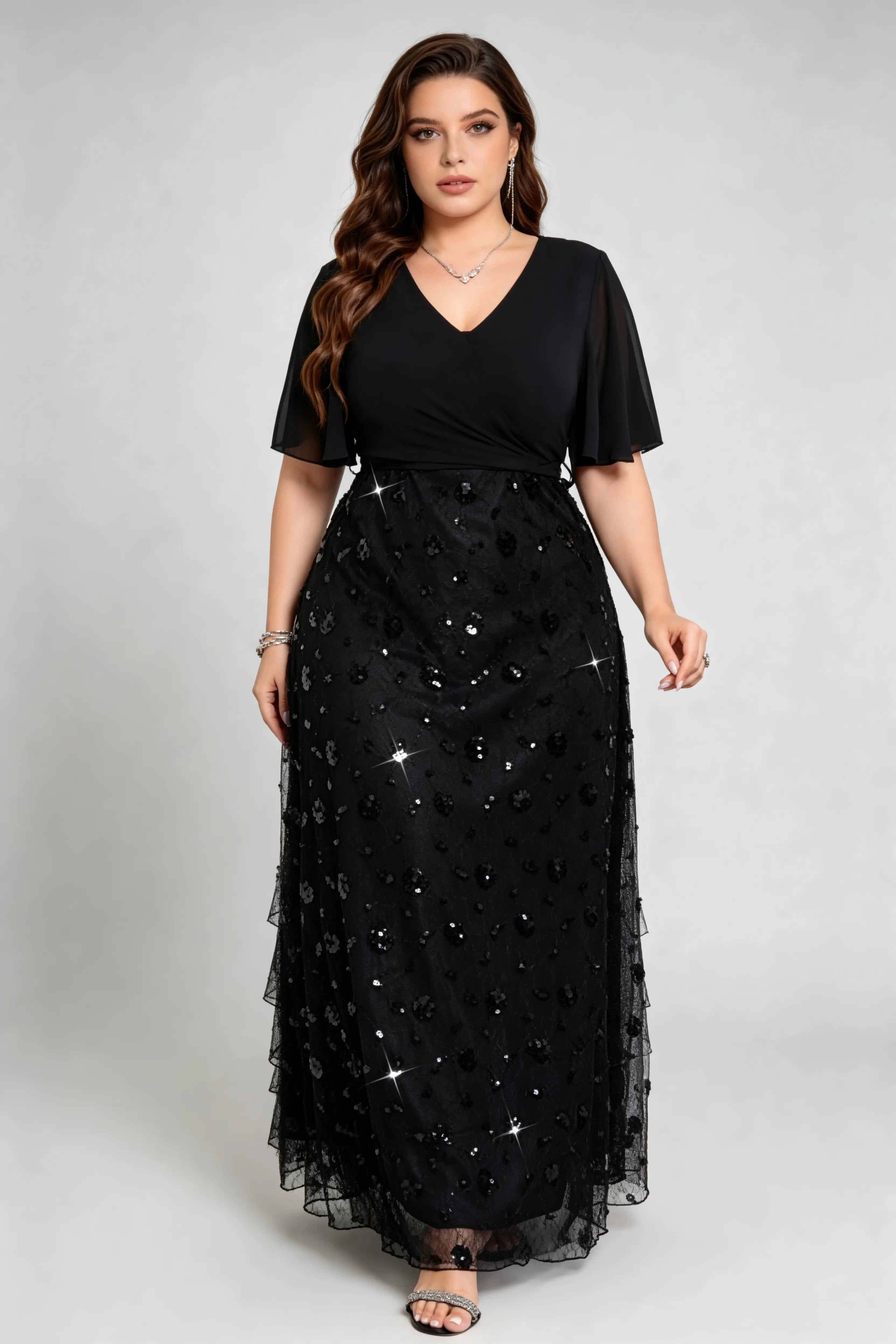 Plus Size Vintage Black Sequin Maxi Dress - Flutter Sleeve Evening Gown