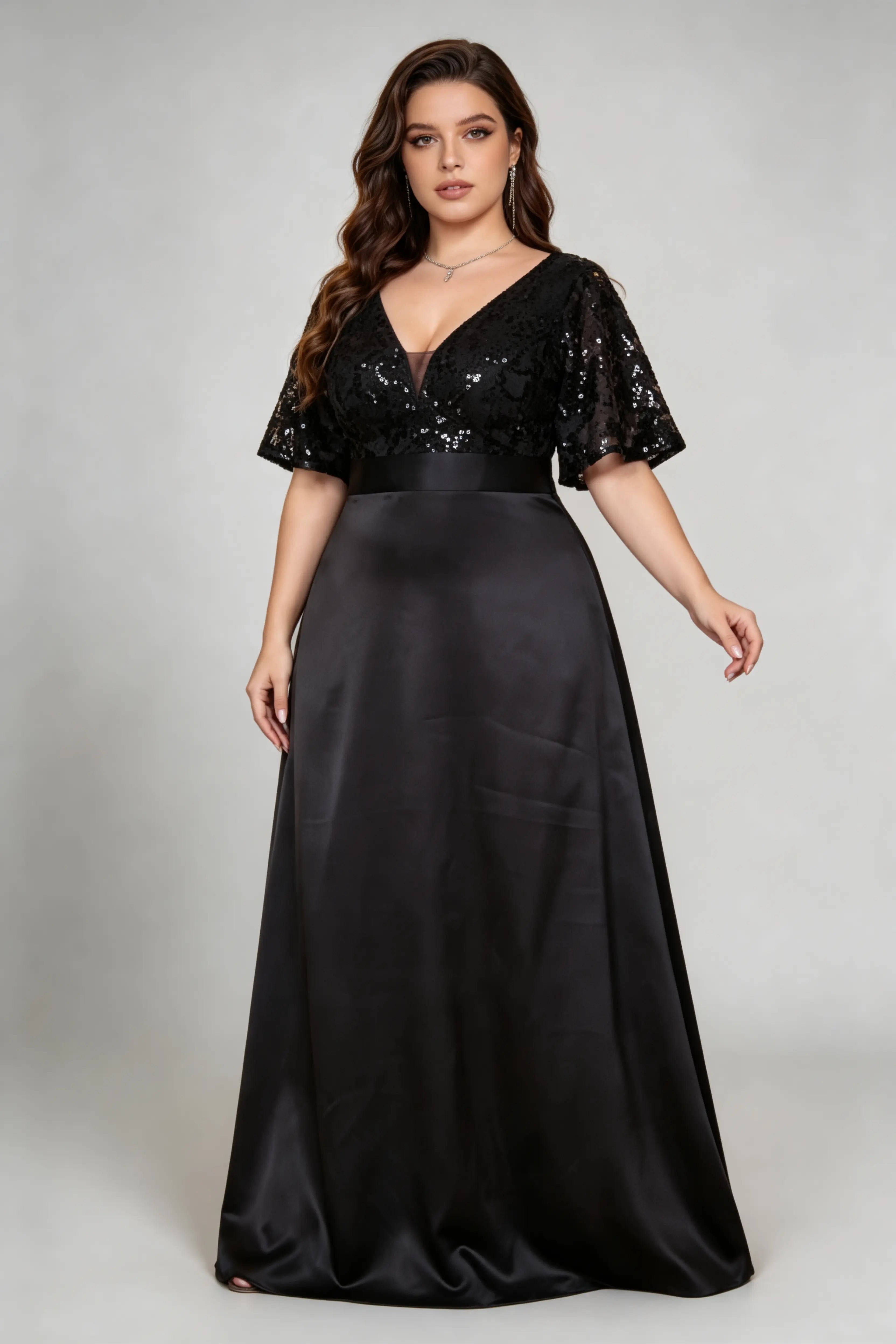 Plus Size Luxury Black Sequin & Satin Evening Gown - Maxi Formal Dress