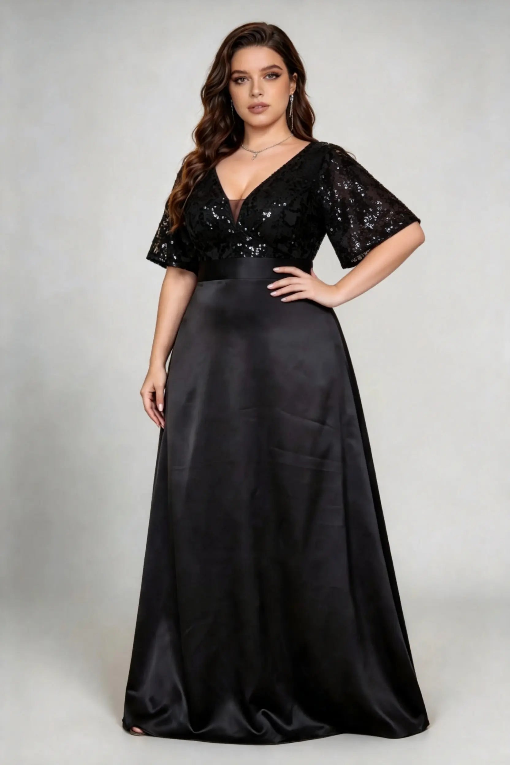 Plus Size Luxury Black Sequin & Satin Evening Gown - Maxi Formal Dress