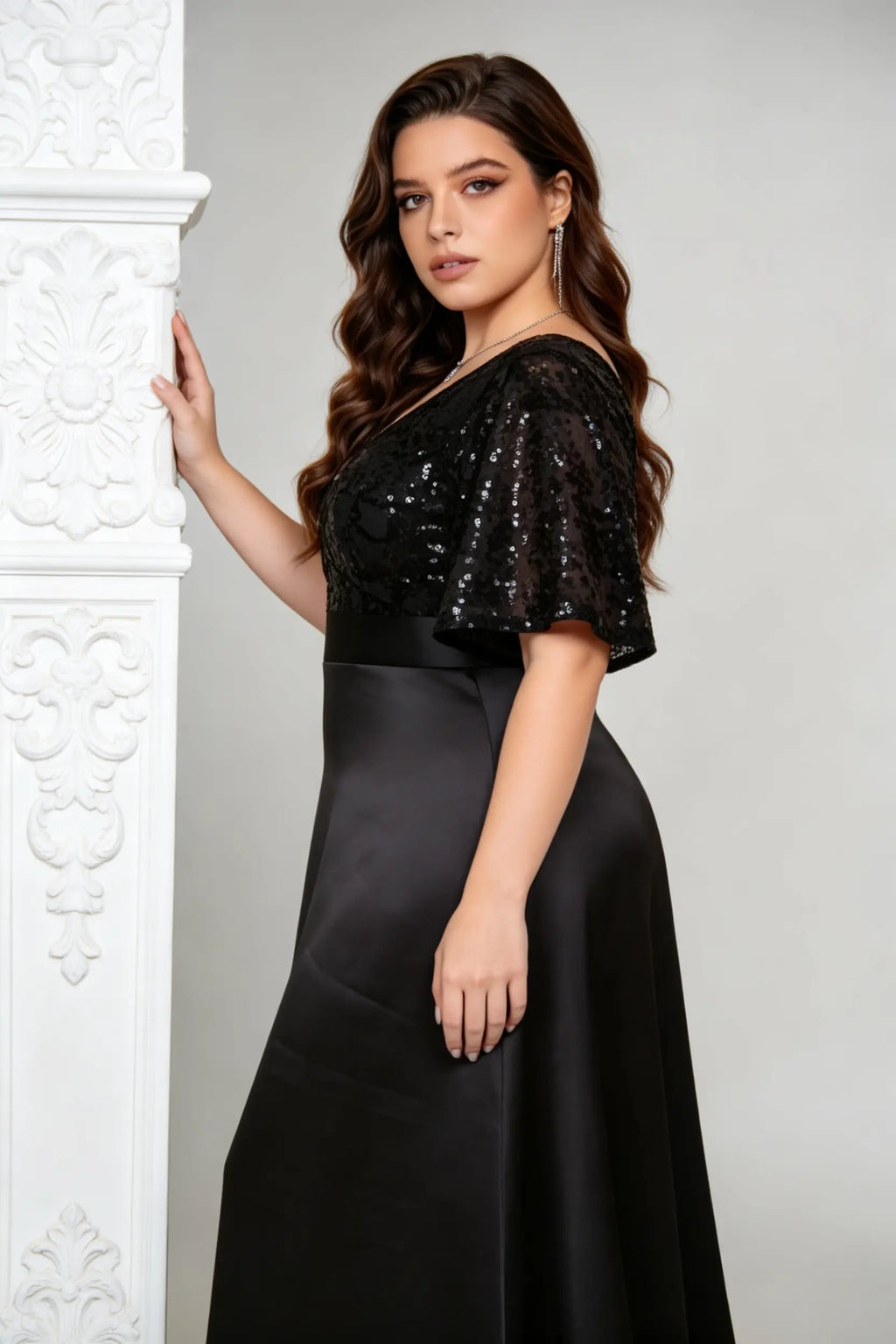 Plus Size Luxury Black Sequin & Satin Evening Gown - Maxi Formal Dress