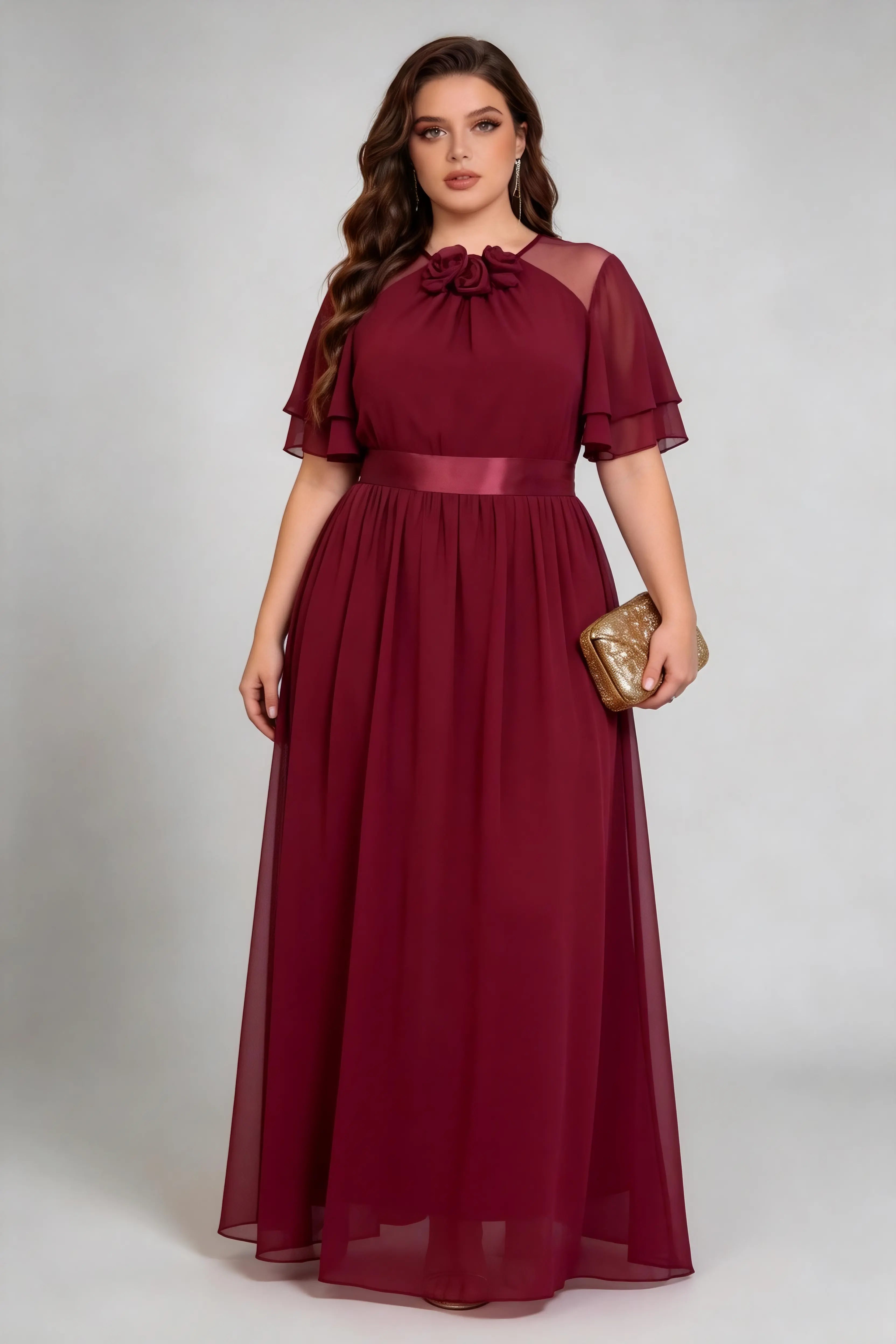 Plus Size Elegant Burgundy Chiffon Maxi Dress with 3D Floral Neckline & Flutter Sleeves