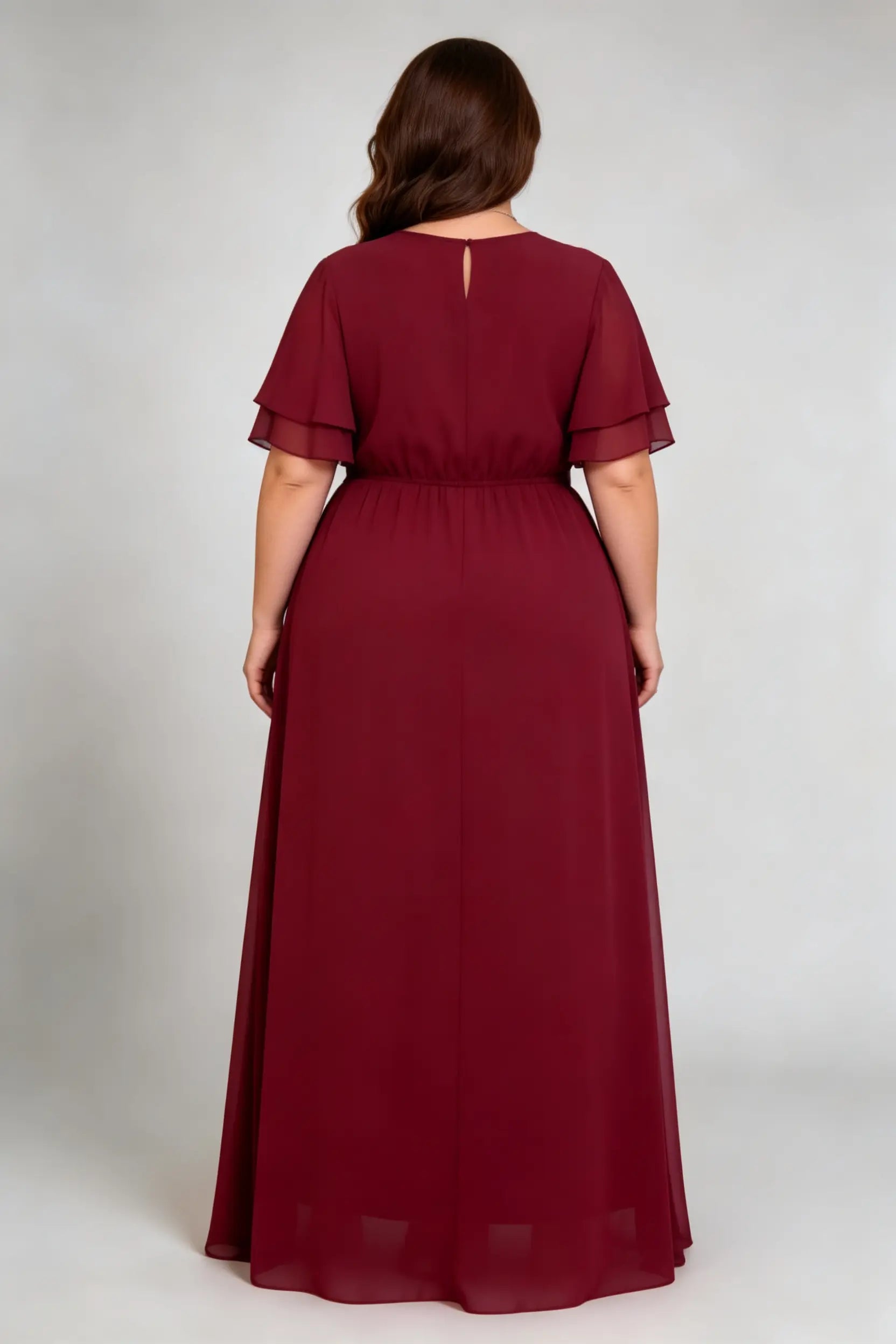 Plus Size Elegant Burgundy Chiffon Maxi Dress with 3D Floral Neckline & Flutter Sleeves