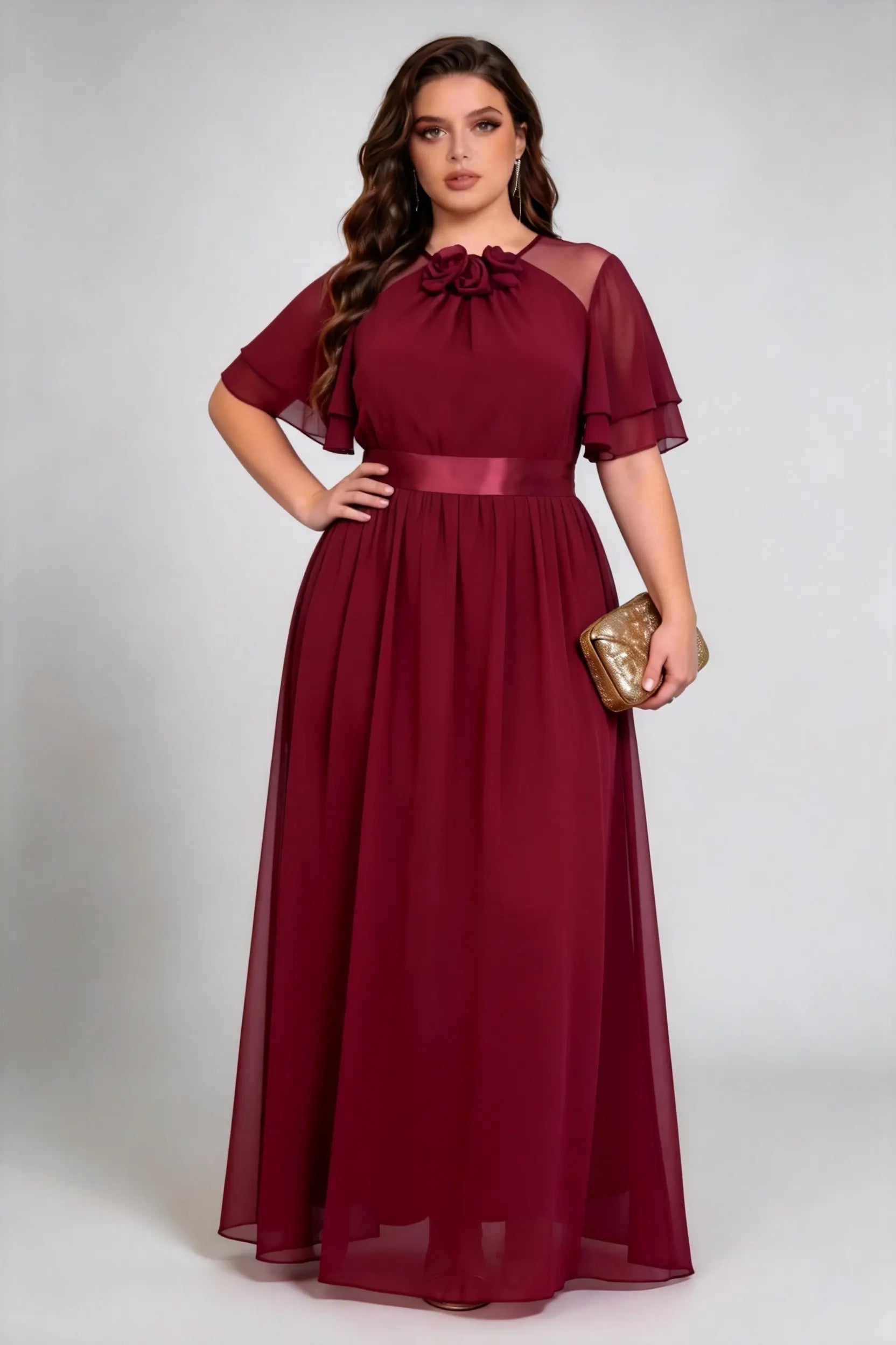 Plus Size Elegant Burgundy Chiffon Maxi Dress with 3D Floral Neckline & Flutter Sleeves