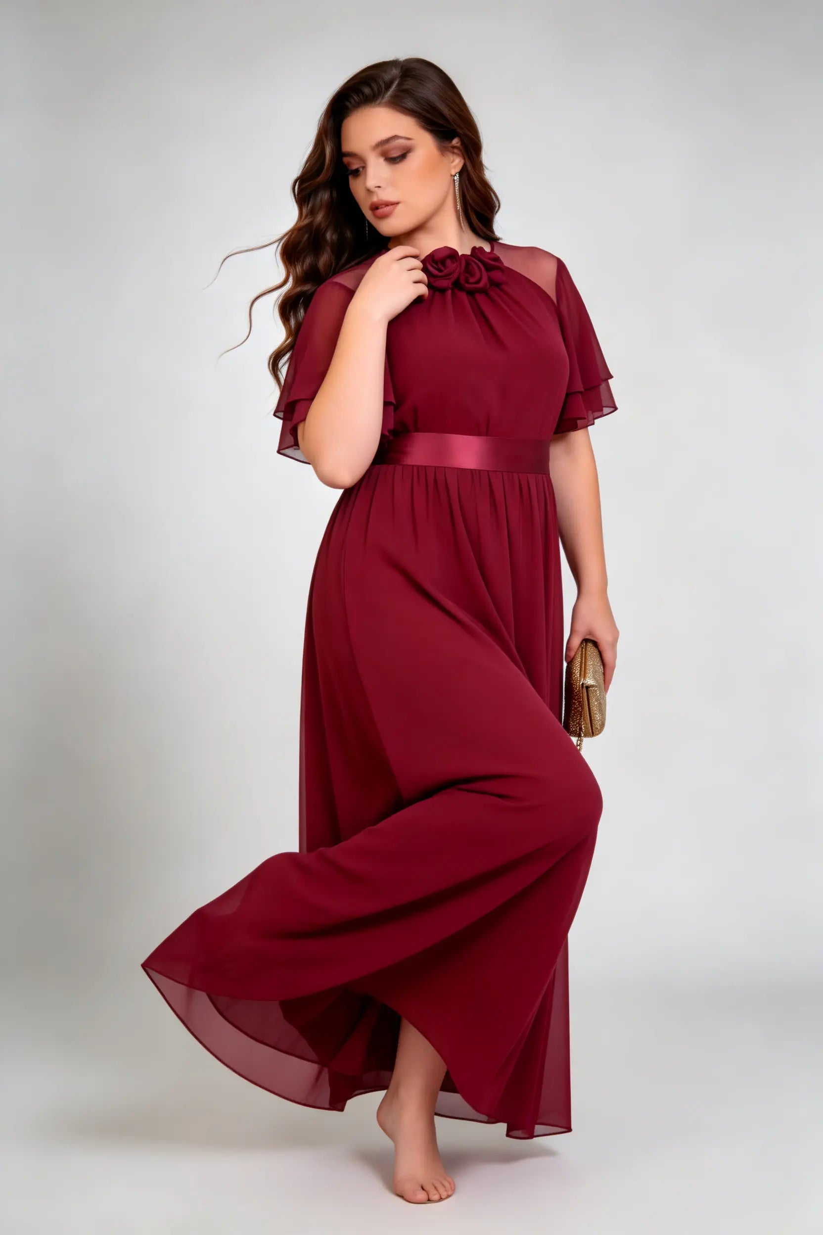 Plus Size Elegant Burgundy Chiffon Maxi Dress with 3D Floral Neckline & Flutter Sleeves