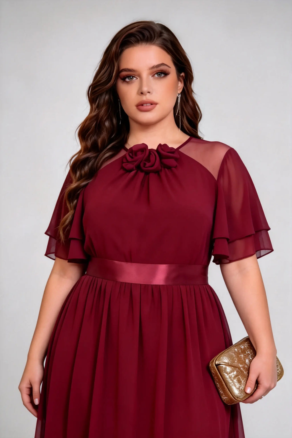 Plus Size Elegant Burgundy Chiffon Maxi Dress with 3D Floral Neckline & Flutter Sleeves