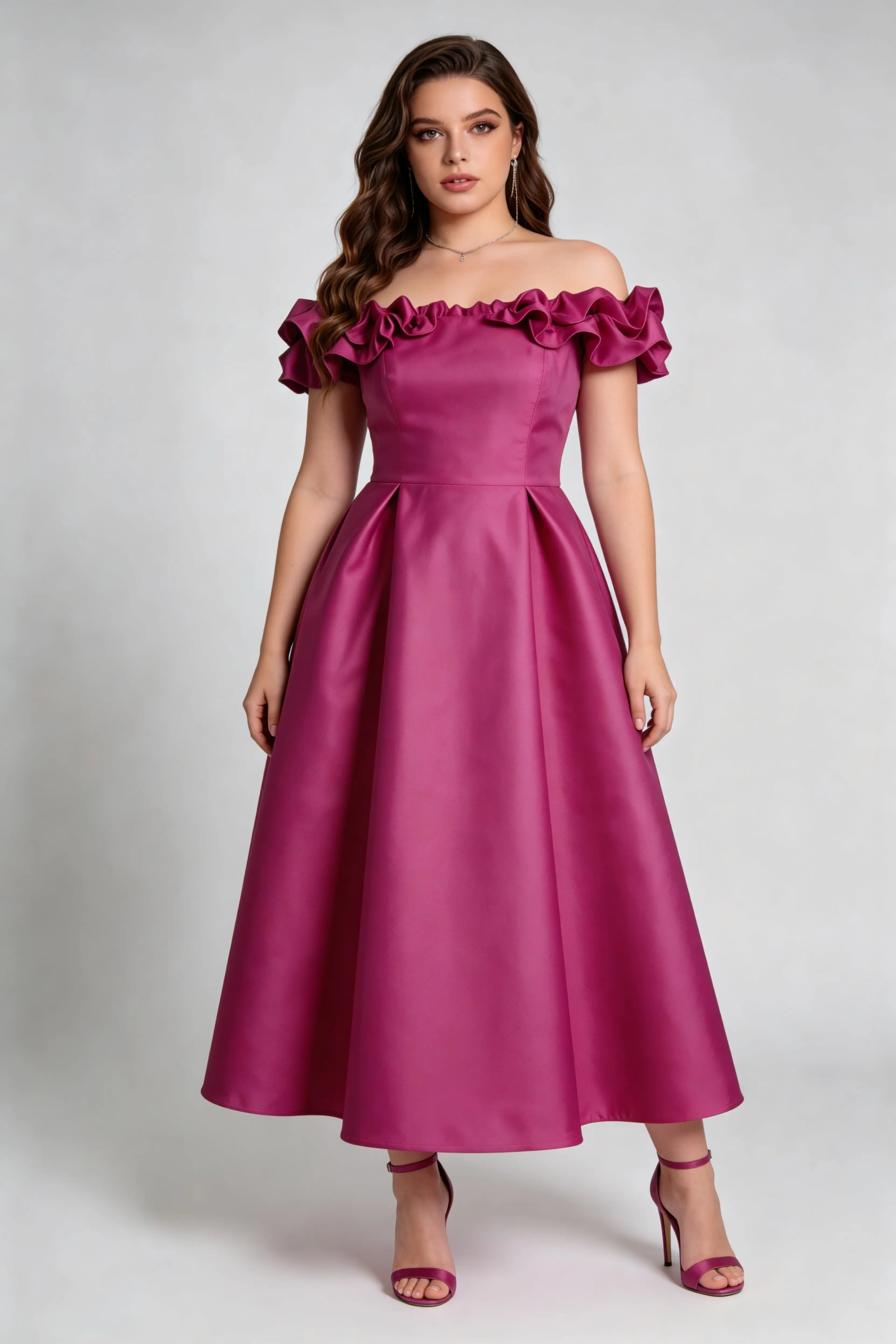 Plus Size Rose Red Off-Shoulder Ruffled Satin Midi Dress - Elegant A-Line Cocktail Gown
