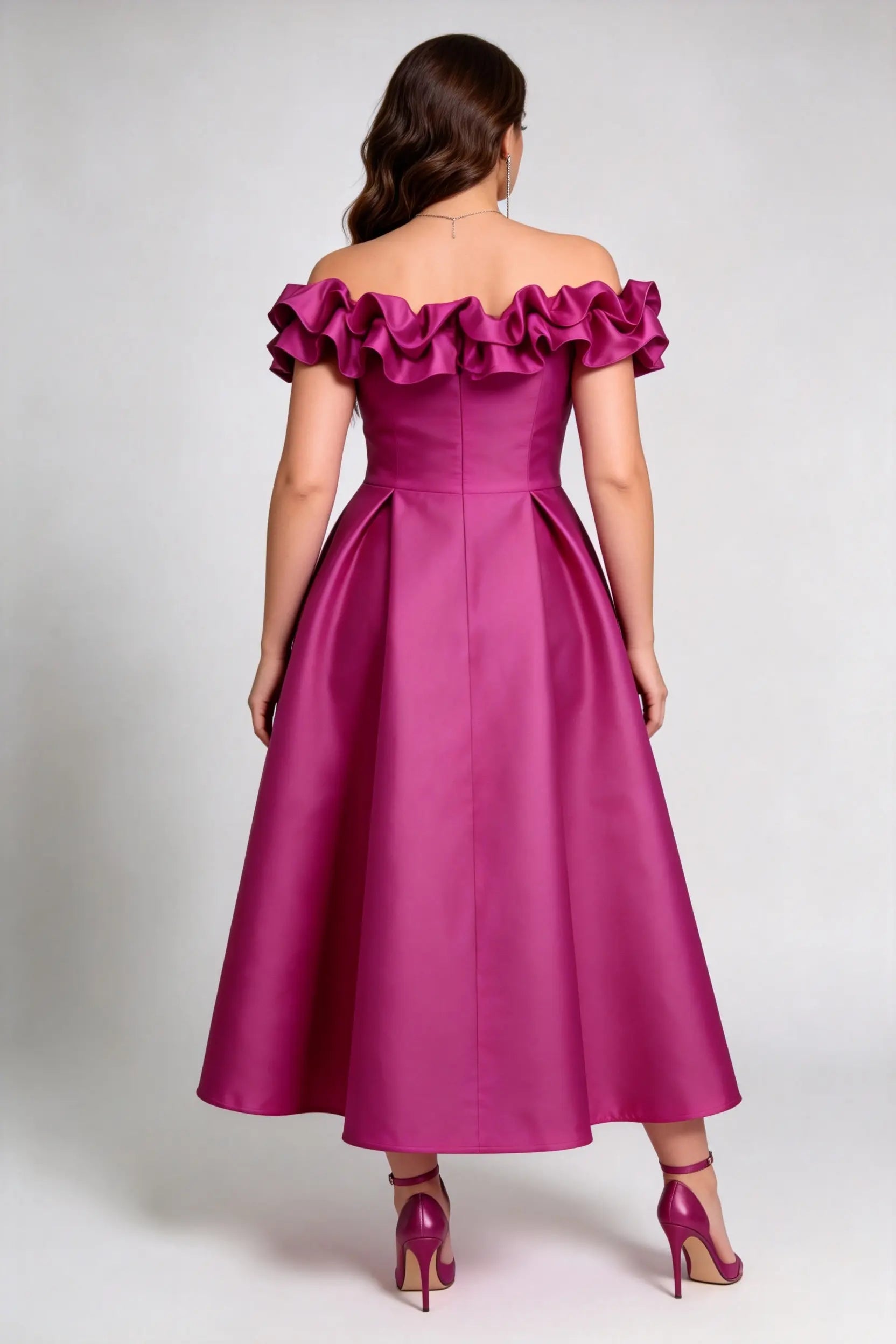 Plus Size Rose Red Off-Shoulder Ruffled Satin Midi Dress - Elegant A-Line Cocktail Gown