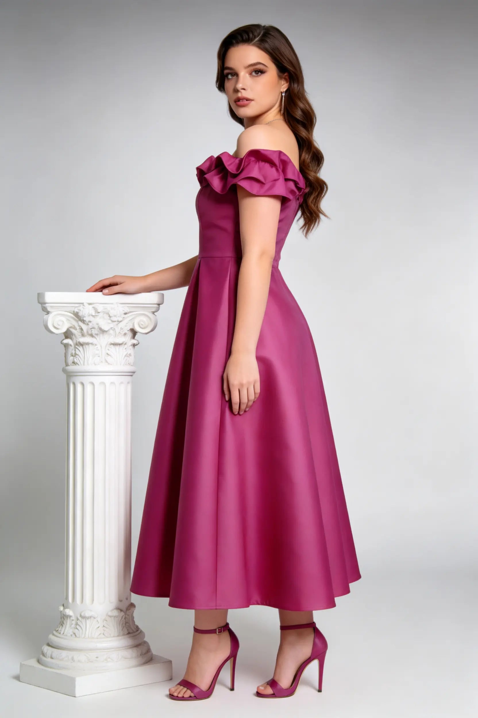 Plus Size Rose Red Off-Shoulder Ruffled Satin Midi Dress - Elegant A-Line Cocktail Gown