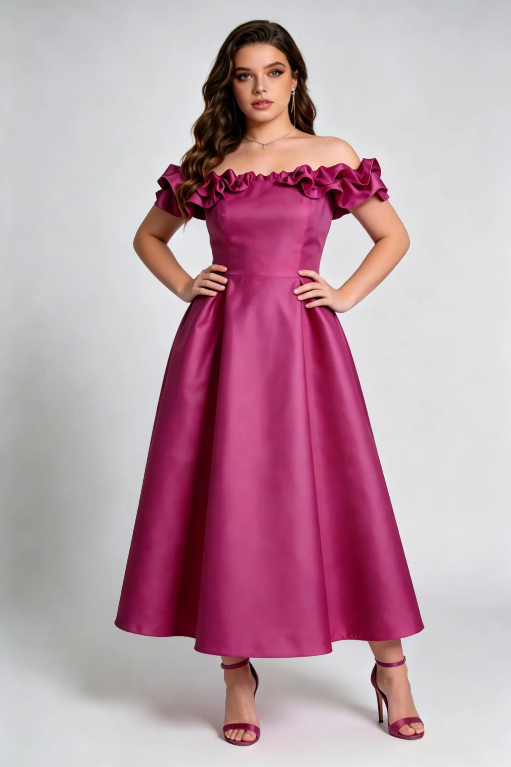 Plus Size Rose Red Off-Shoulder Ruffled Satin Midi Dress - Elegant A-Line Cocktail Gown