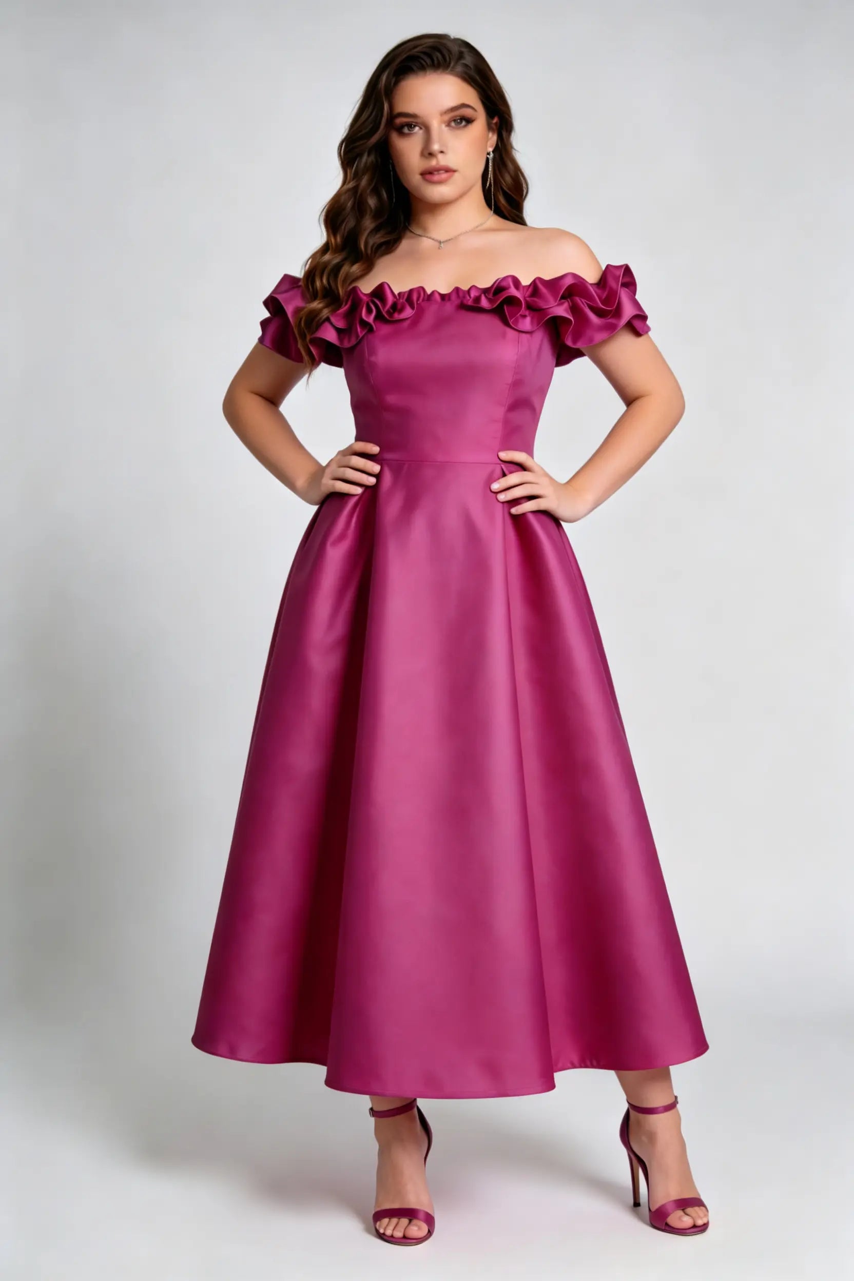 Plus Size Rose Red Off-Shoulder Ruffled Satin Midi Dress - Elegant A-Line Cocktail Gown
