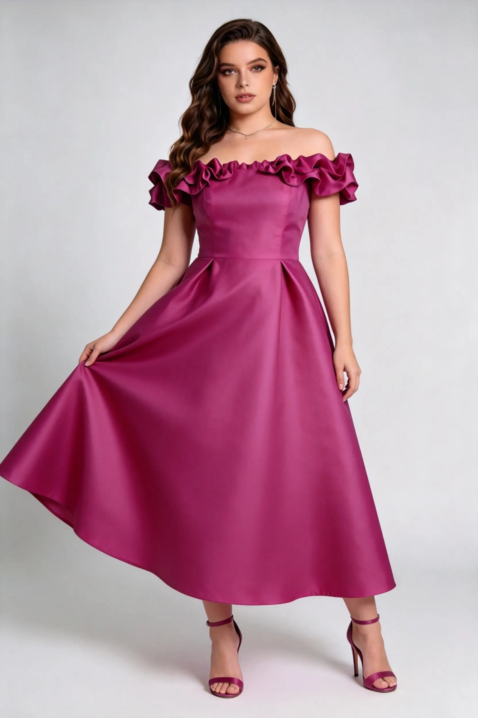 Plus Size Rose Red Off-Shoulder Ruffled Satin Midi Dress - Elegant A-Line Cocktail Gown