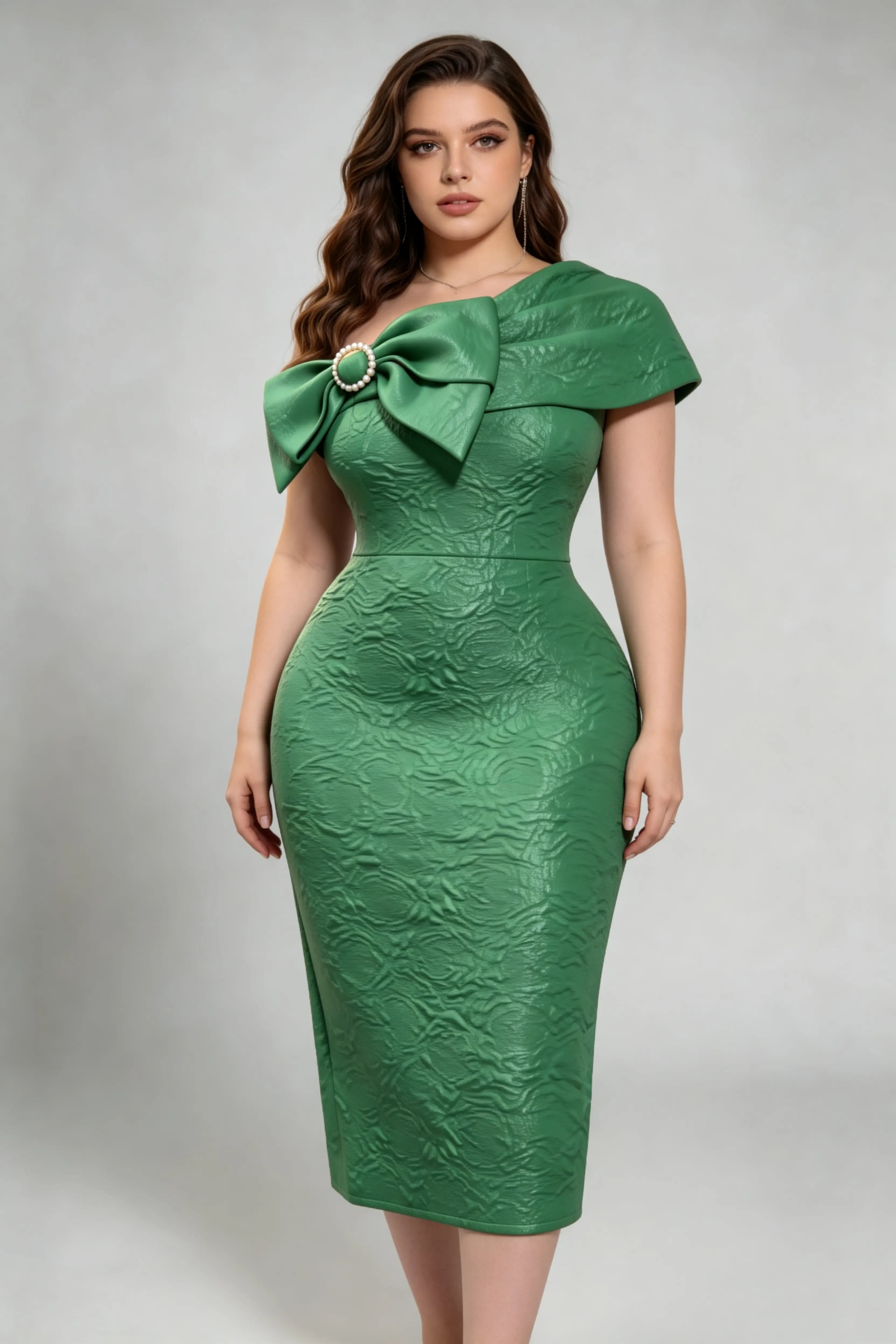 Plus Size Elegant Green Jacquard Midi Dress with Oversized Bow Detail - Vintage Inspired Cocktail Gown