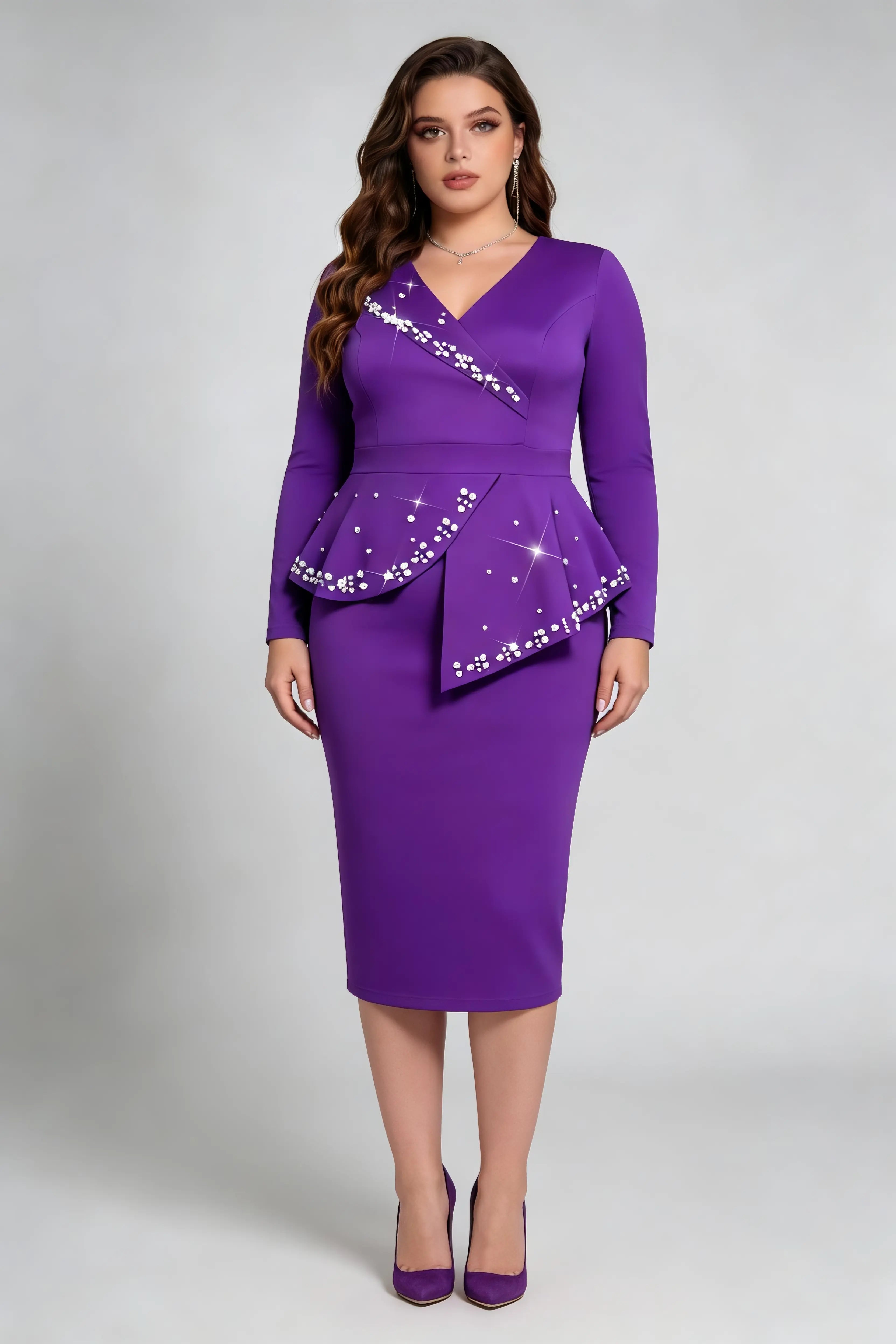 Plus Size Elegant Purple Long Sleeve Midi Dress with Pearl Embellishments