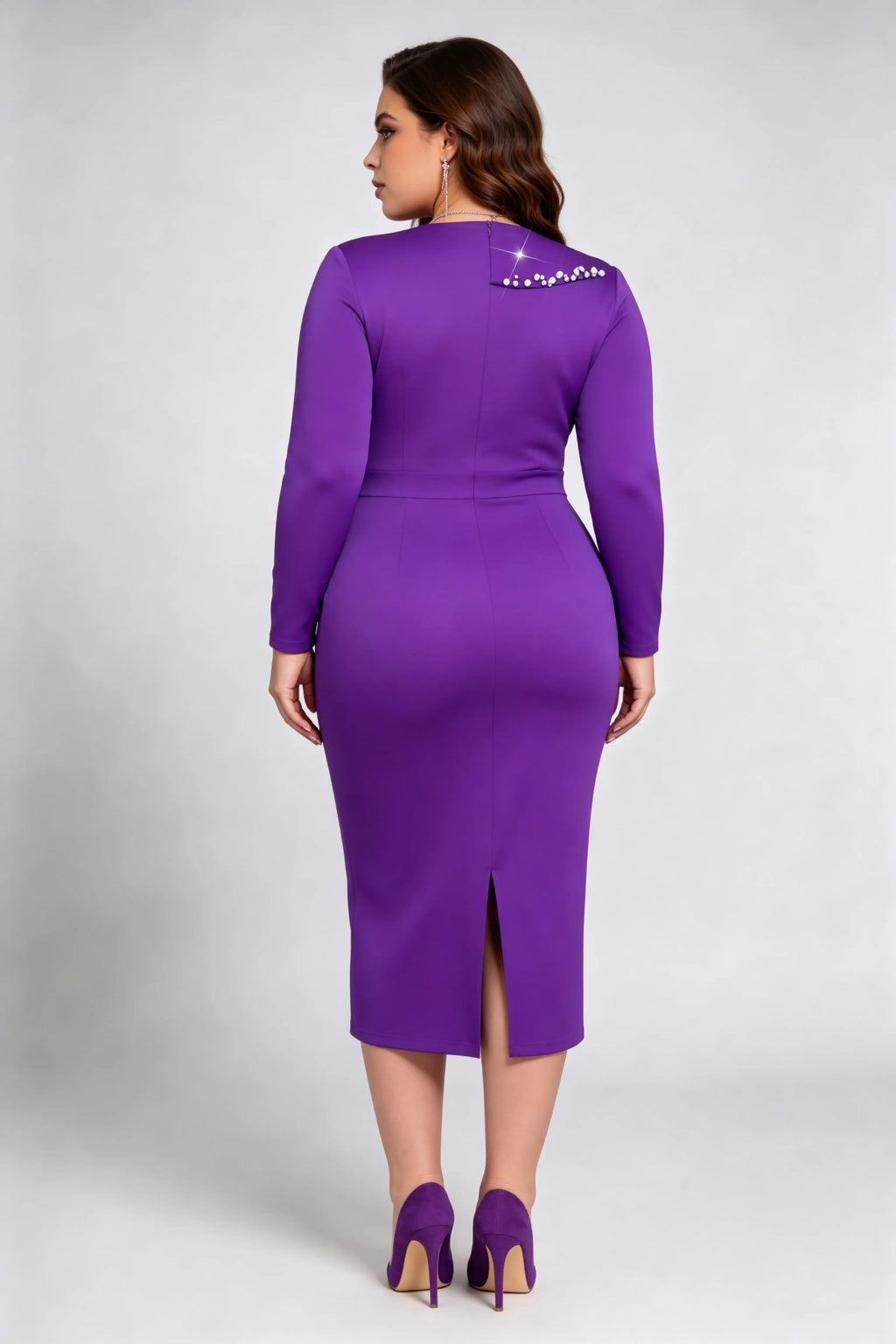 Plus Size Elegant Purple Long Sleeve Midi Dress with Pearl Embellishments