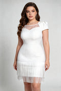 Plus Size White Textured Jacquard Fringe Mini Dress - Sweetheart Neckline with Sheer Mesh Panel