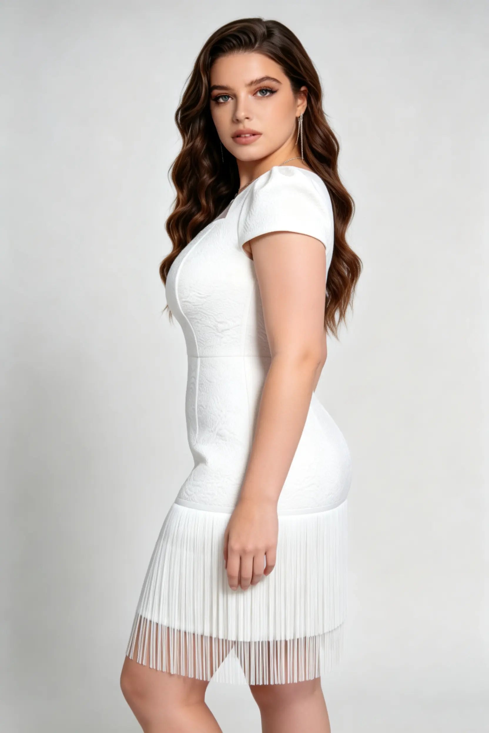 Plus Size White Textured Jacquard Fringe Mini Dress - Sweetheart Neckline with Sheer Mesh Panel