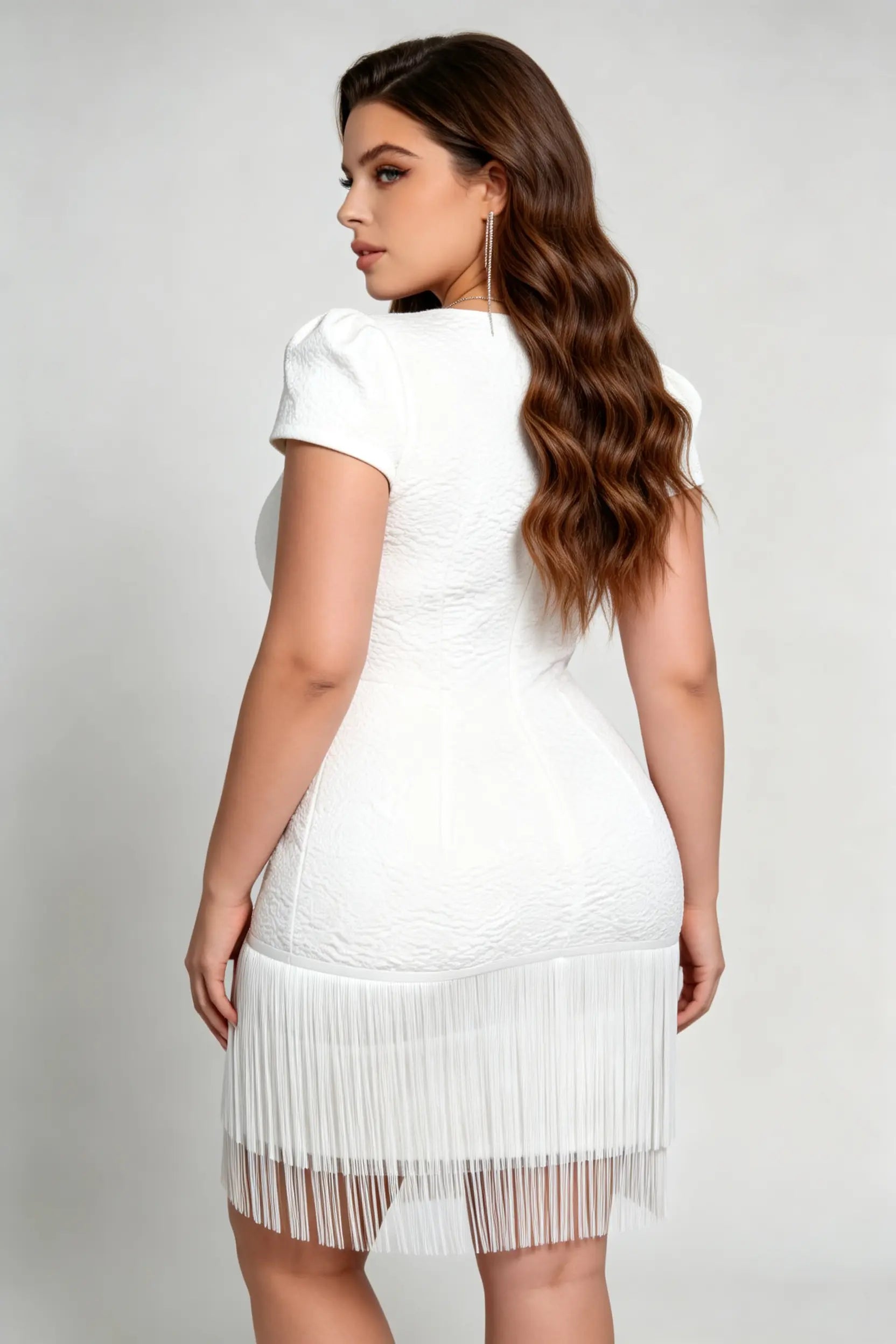 Plus Size White Textured Jacquard Fringe Mini Dress - Sweetheart Neckline with Sheer Mesh Panel