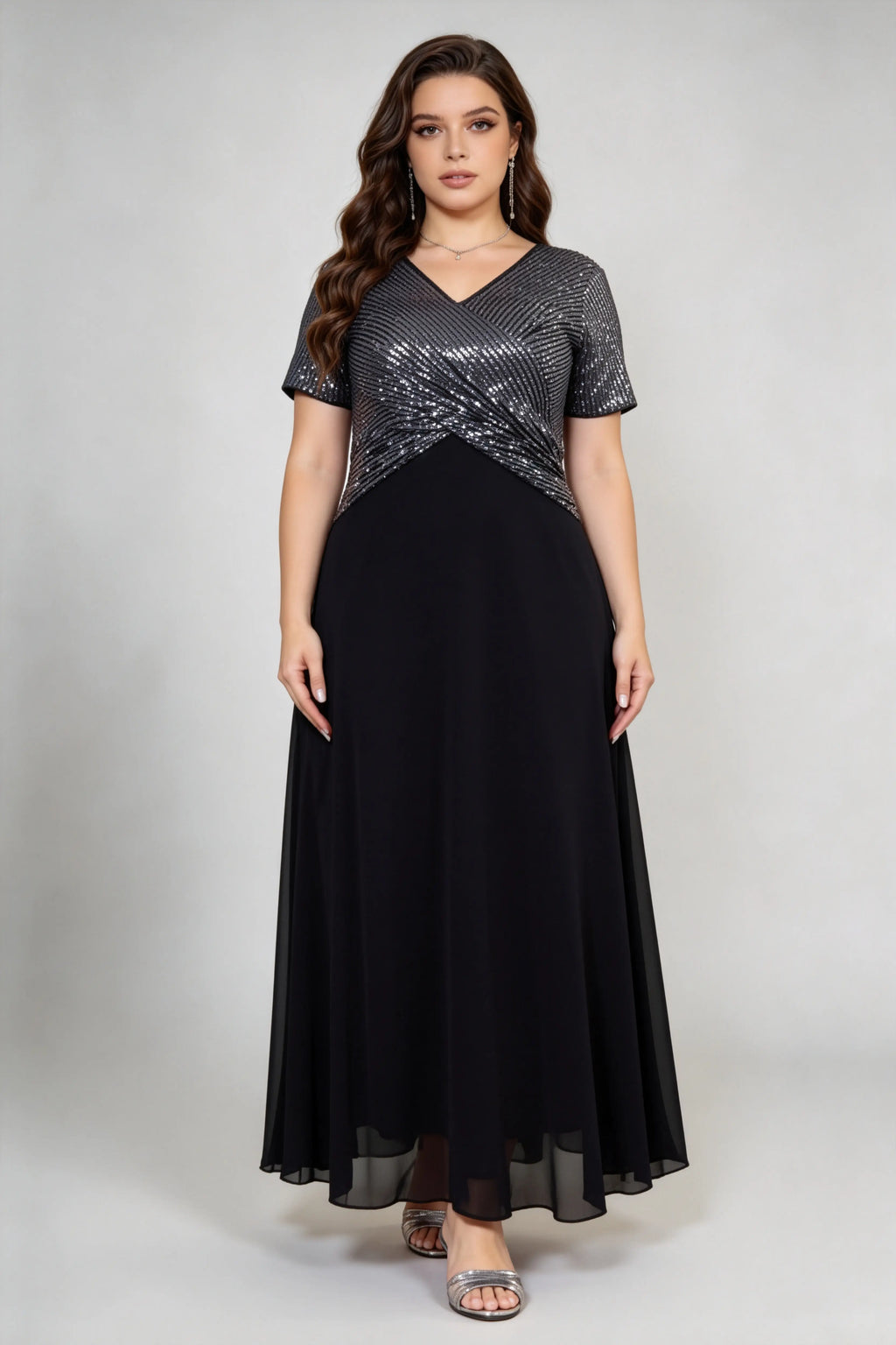Plus Size Women's Black V-Neck Sequin Chiffon Maxi Dress - Short Sleeve Empire Waist Evening Gown