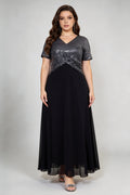 Plus Size Women's Black V-Neck Sequin Chiffon Maxi Dress - Short Sleeve Empire Waist Evening Gown