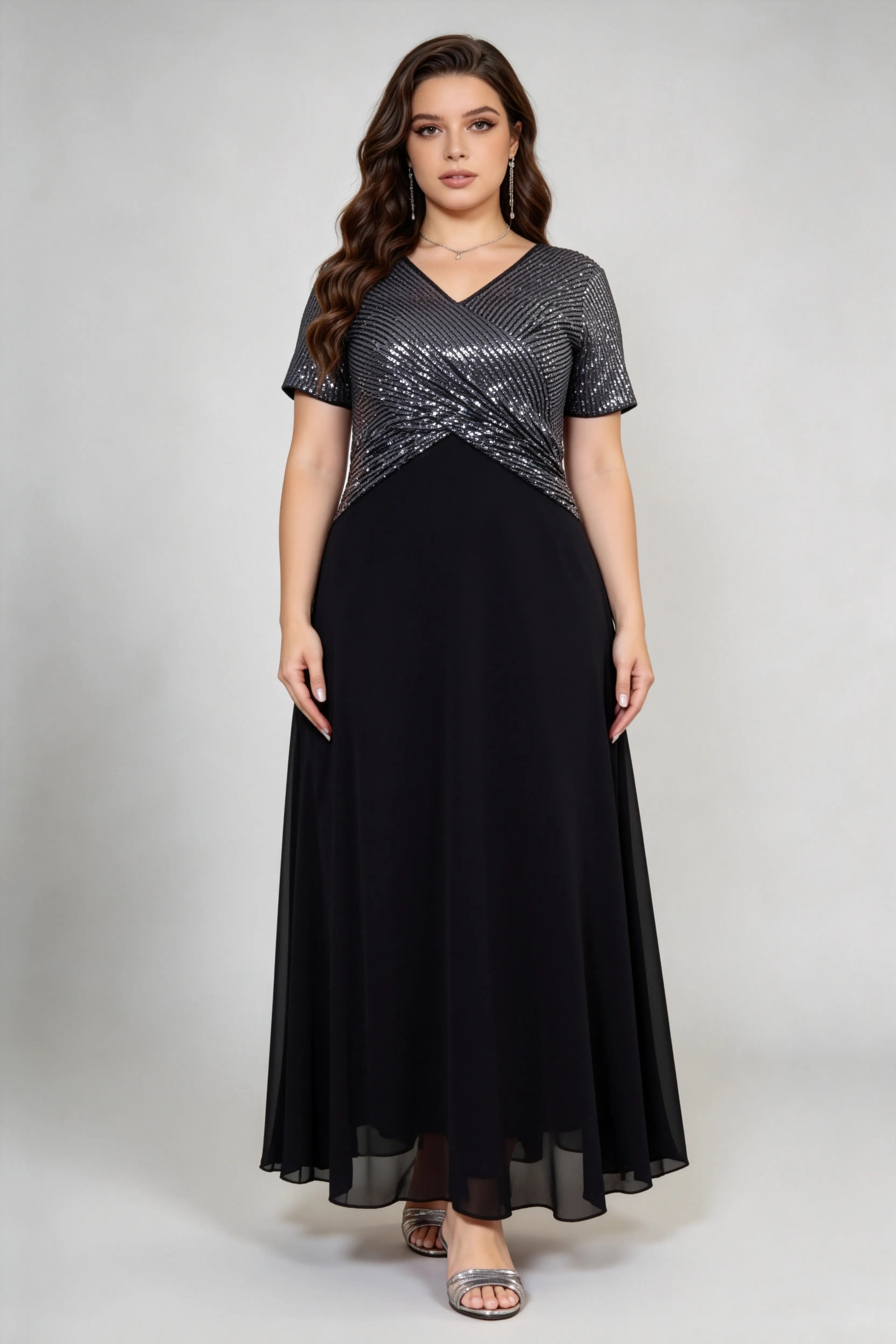 Plus Size Women's Black V-Neck Sequin Chiffon Maxi Dress - Short Sleeve Empire Waist Evening Gown