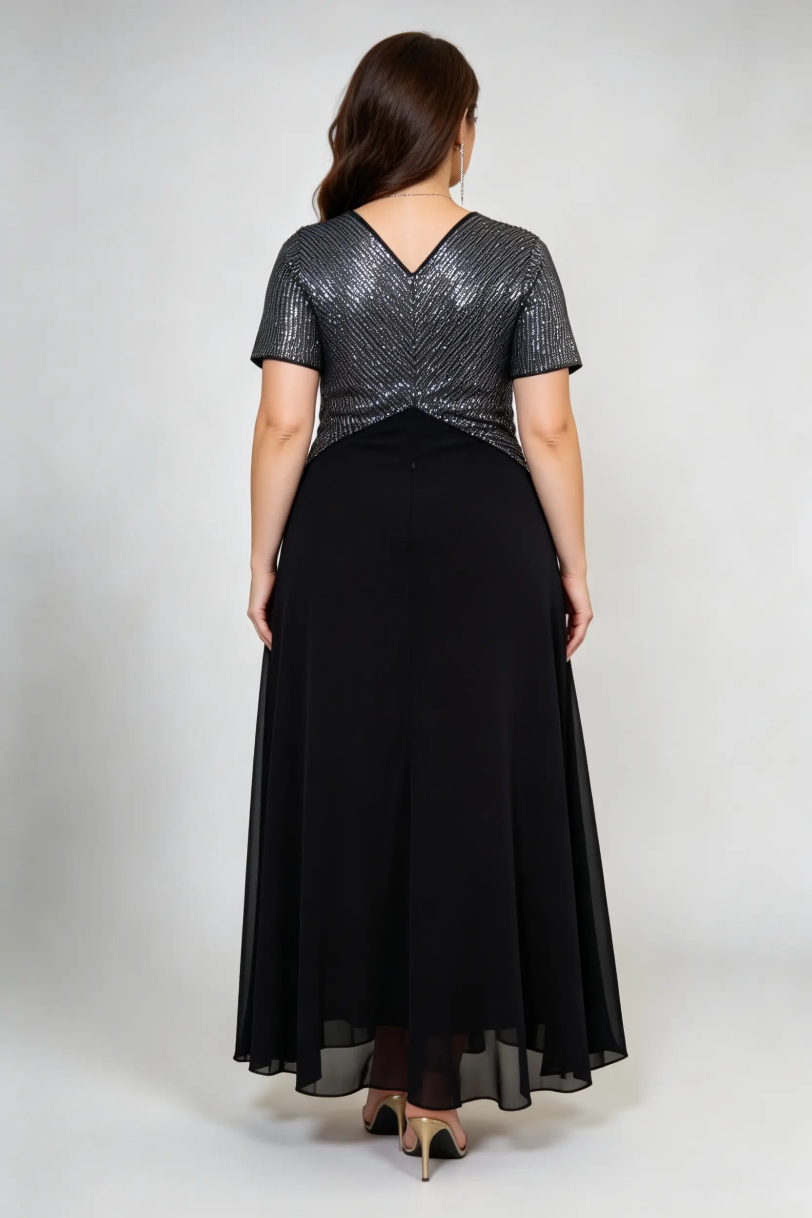 Plus Size Women's Black V-Neck Sequin Chiffon Maxi Dress - Short Sleeve Empire Waist Evening Gown