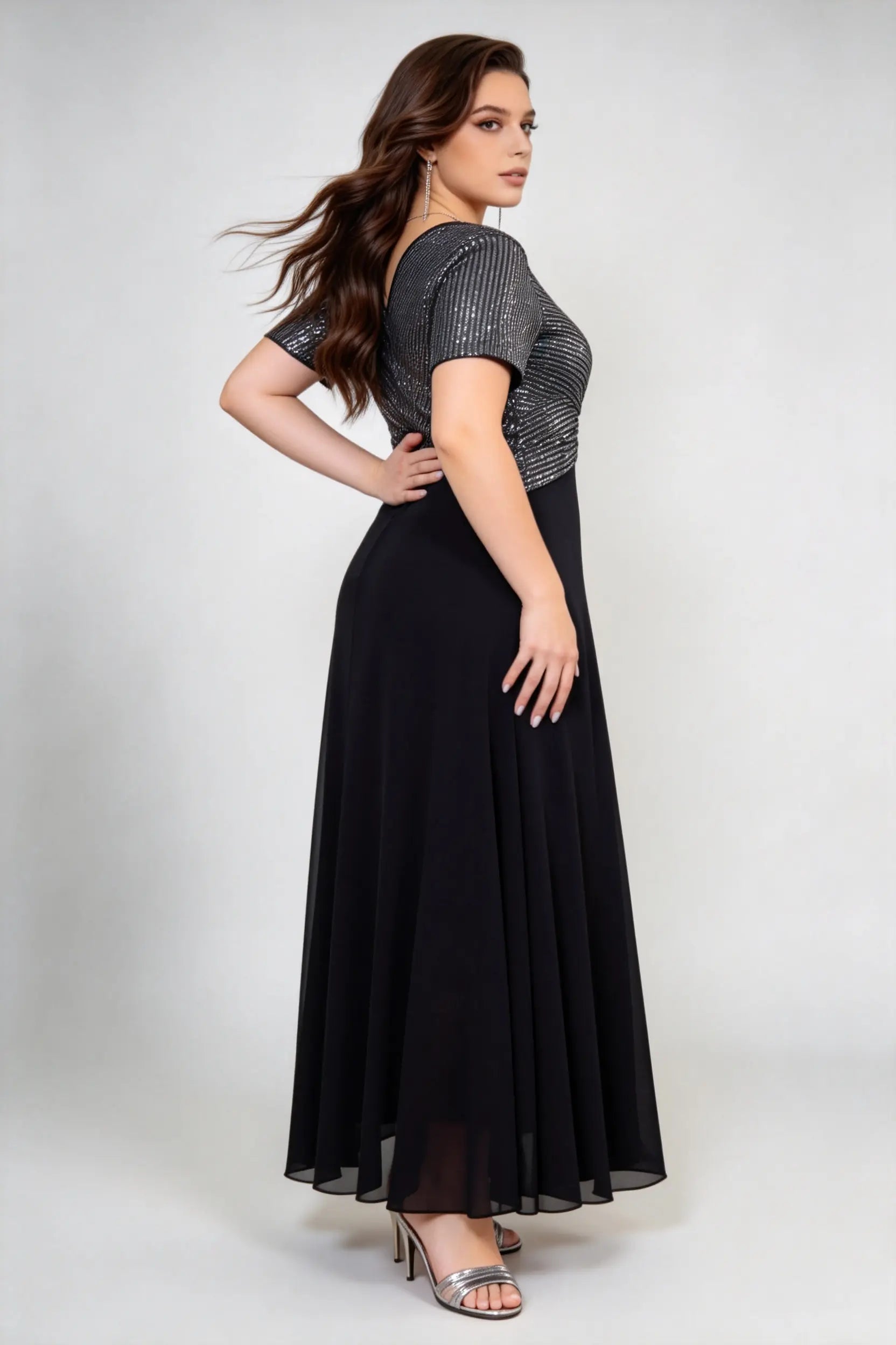 Plus Size Women's Black V-Neck Sequin Chiffon Maxi Dress - Short Sleeve Empire Waist Evening Gown