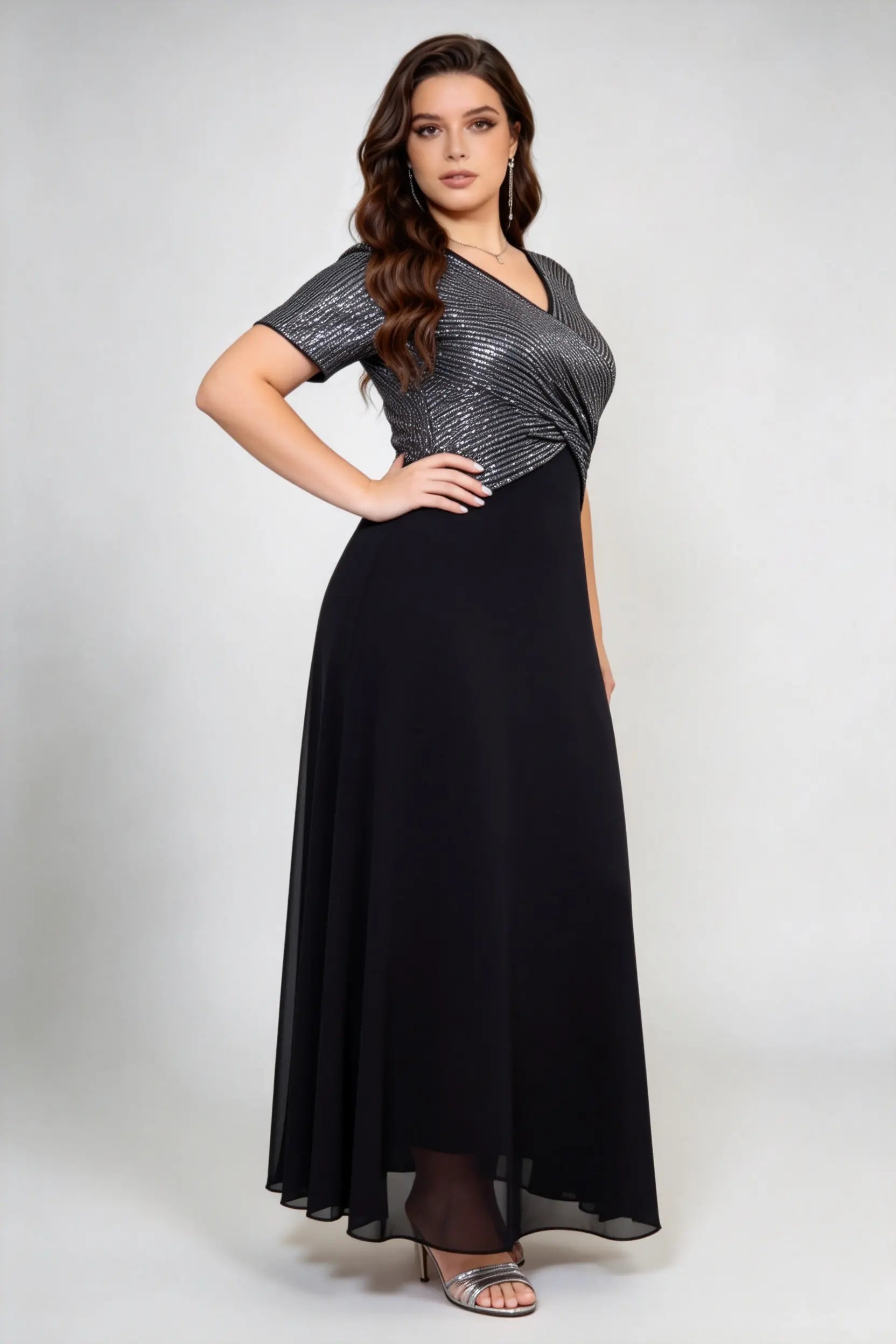 Plus Size Women's Black V-Neck Sequin Chiffon Maxi Dress - Short Sleeve Empire Waist Evening Gown