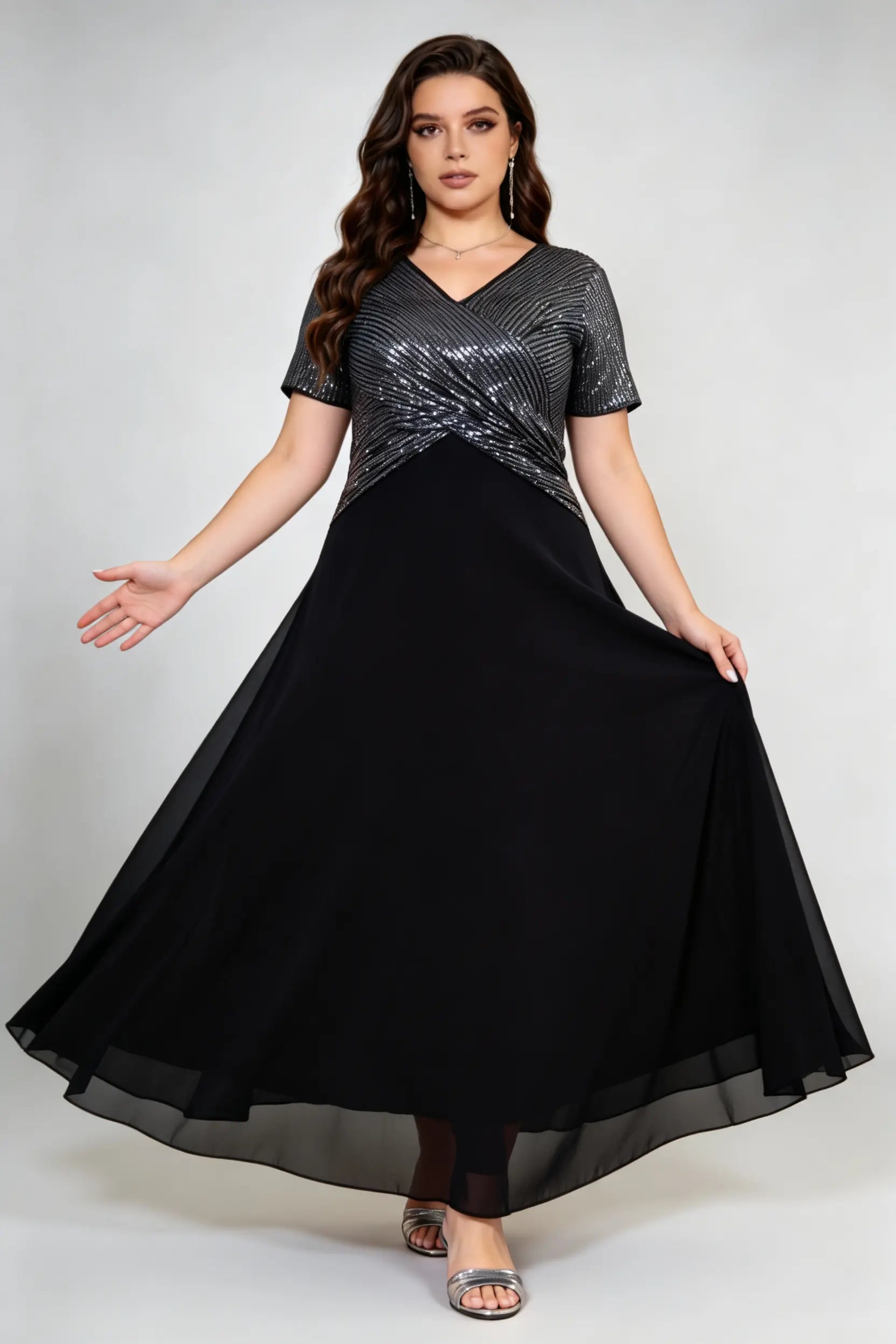 Plus Size Women's Black V-Neck Sequin Chiffon Maxi Dress - Short Sleeve Empire Waist Evening Gown